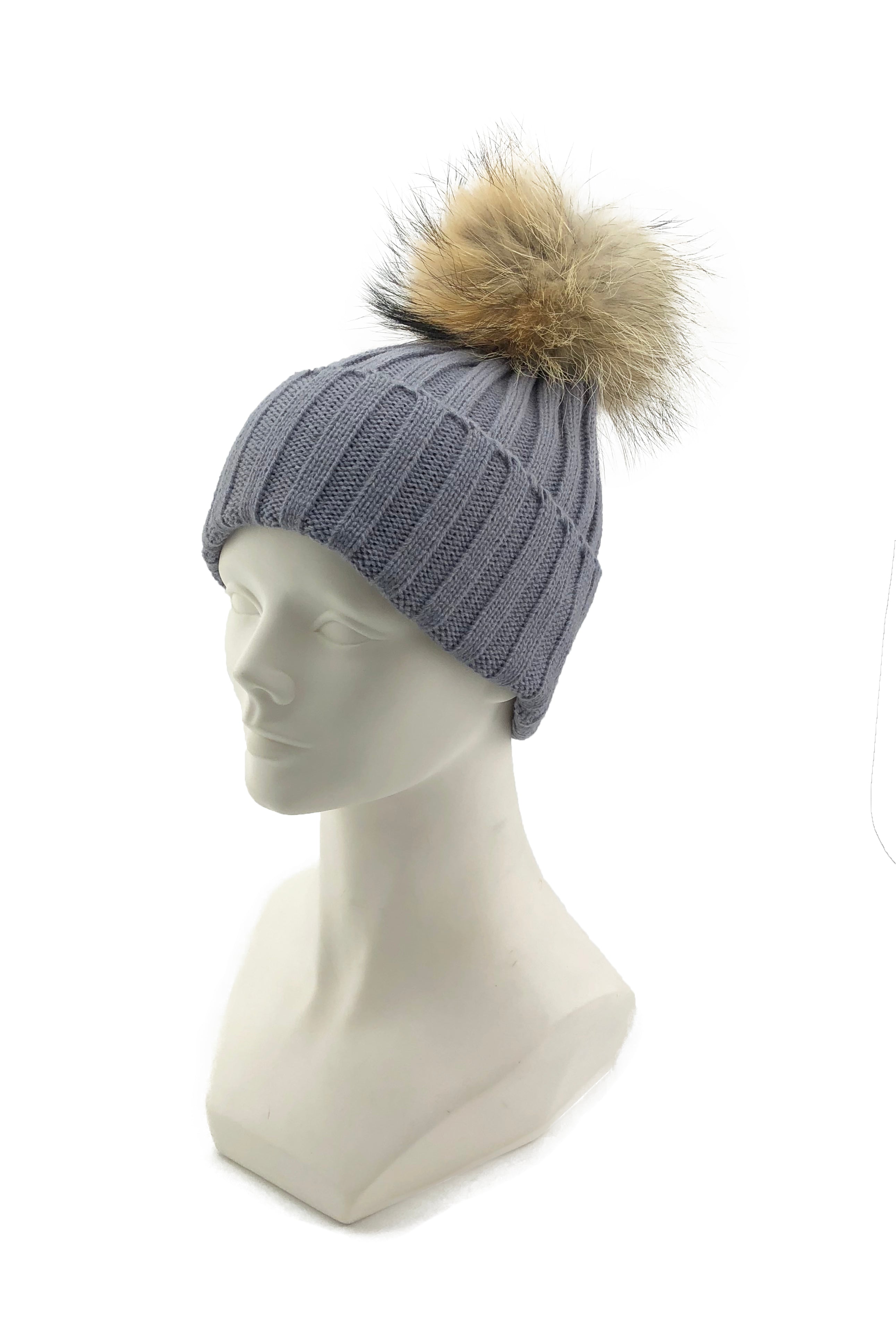 Knitted Beanie with Removable Raccoon Fur Pom - paulamariecollection