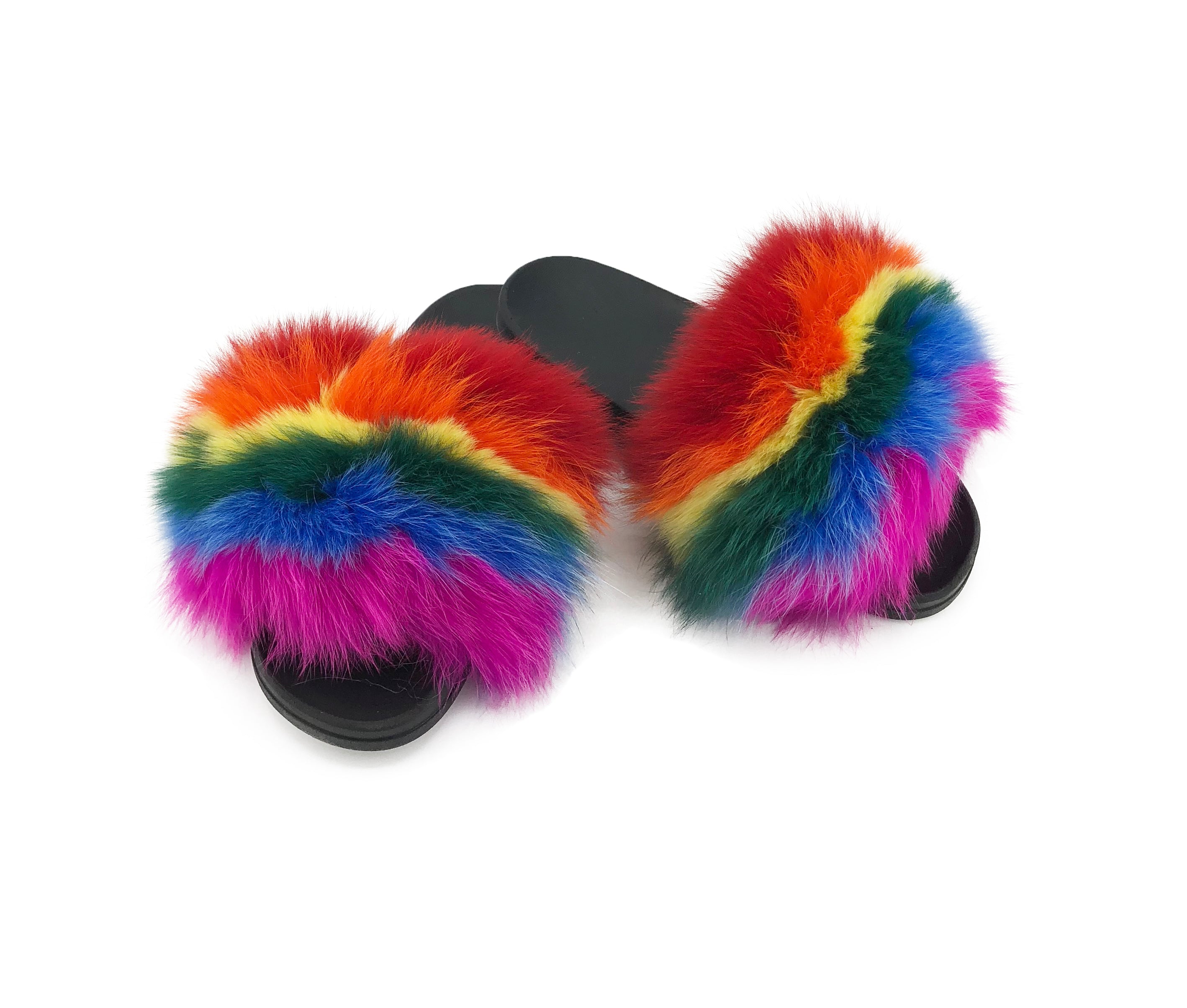 Rainbow Pride Fox Fur Slides | paulamarie