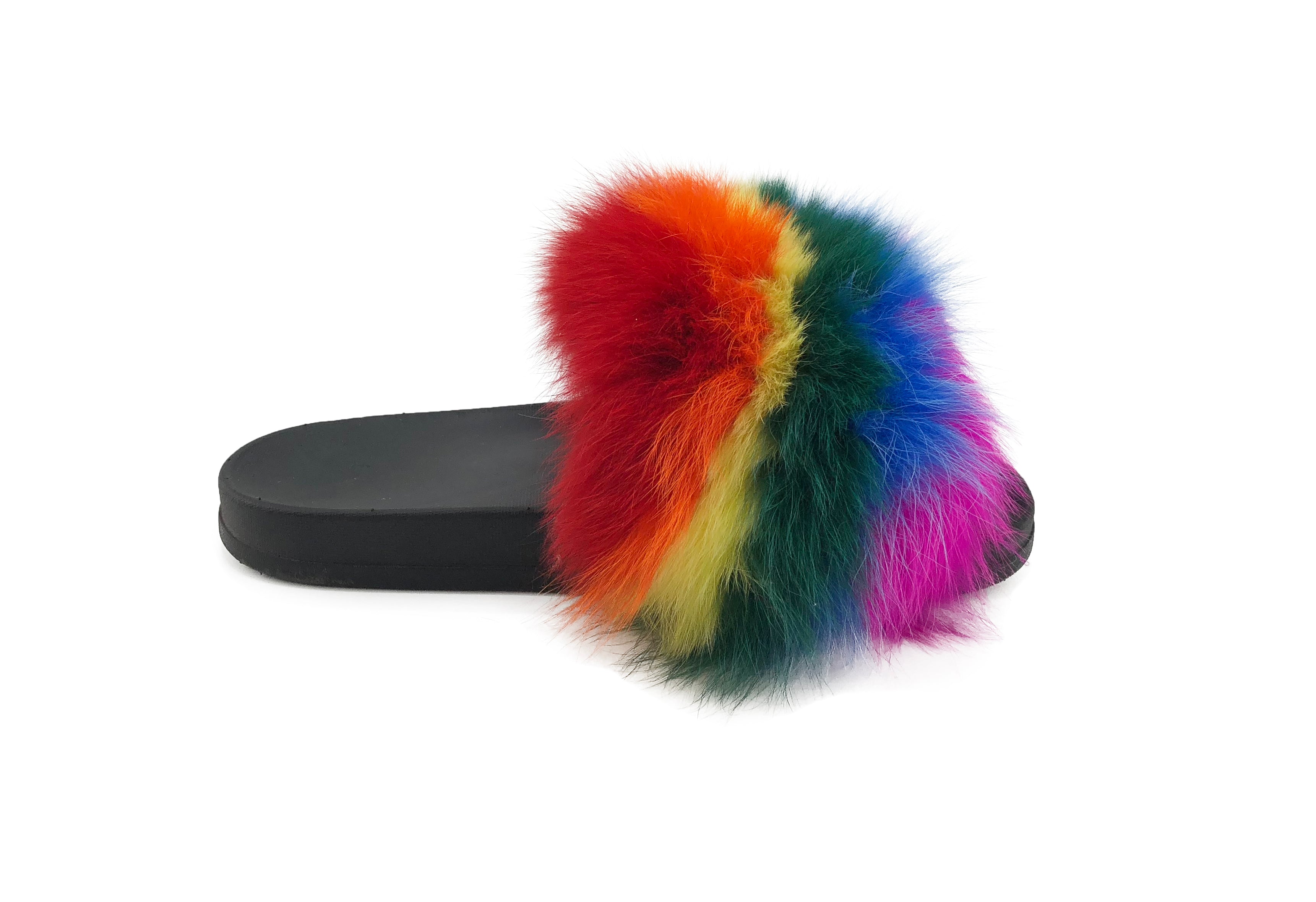 rainbow fox fur slides