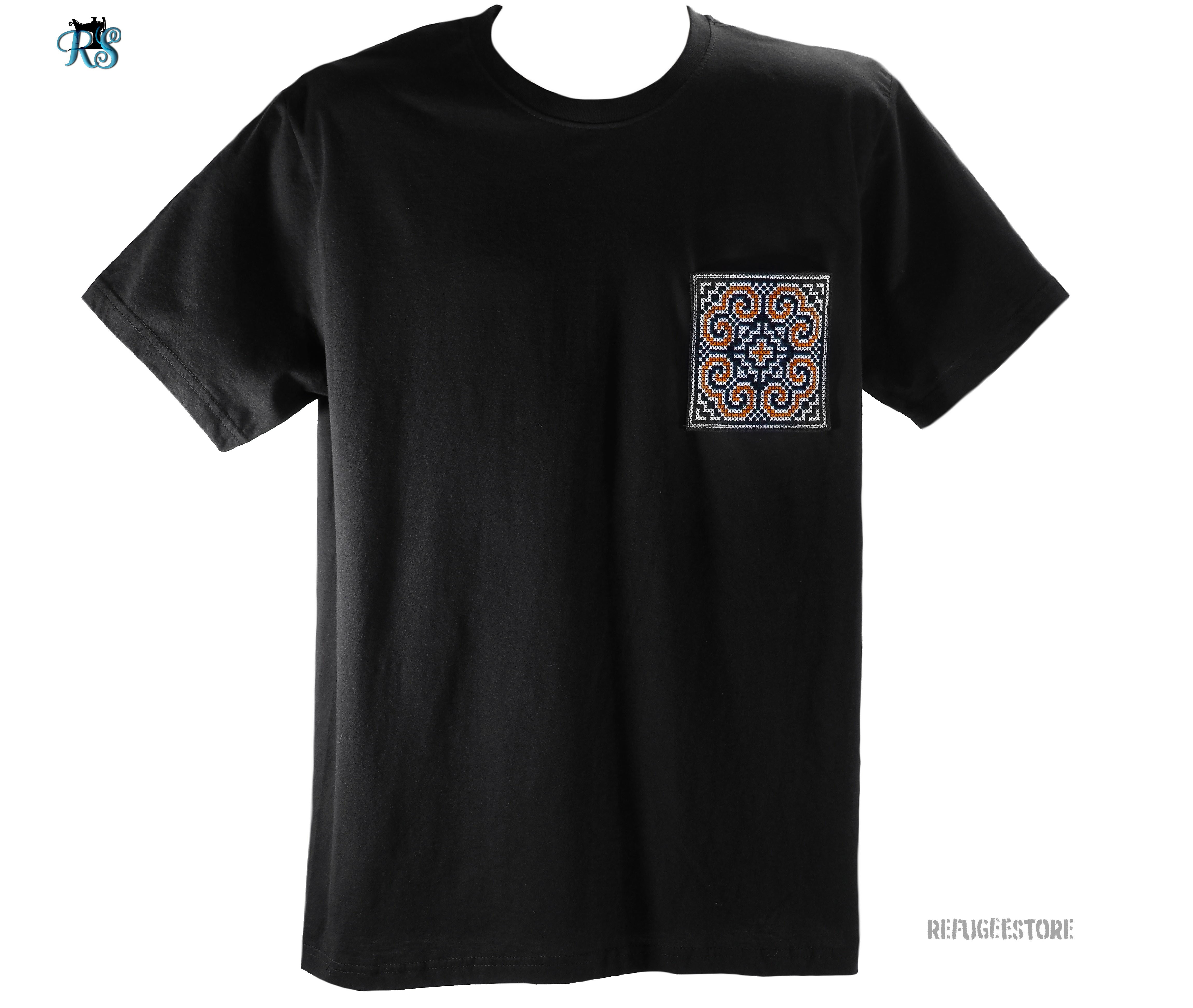 Handmade Hmong Embroidery T-Shirt made with 100% combed cotton (category-32), producing a smooth feel to the fabric, and durability for care. The front pocket is hand-embroidered with Hmong Tribal designed pattern. Size 2XL (Chest 57 cm across. Body-length 74 cm.), American-Size Equivalence 45" (Extra Large). True Black Body. Burgundy Elephant Footprint Embroidery Pattern on Black Canvas, Silver Border. 100% Fully-Combed Cotton