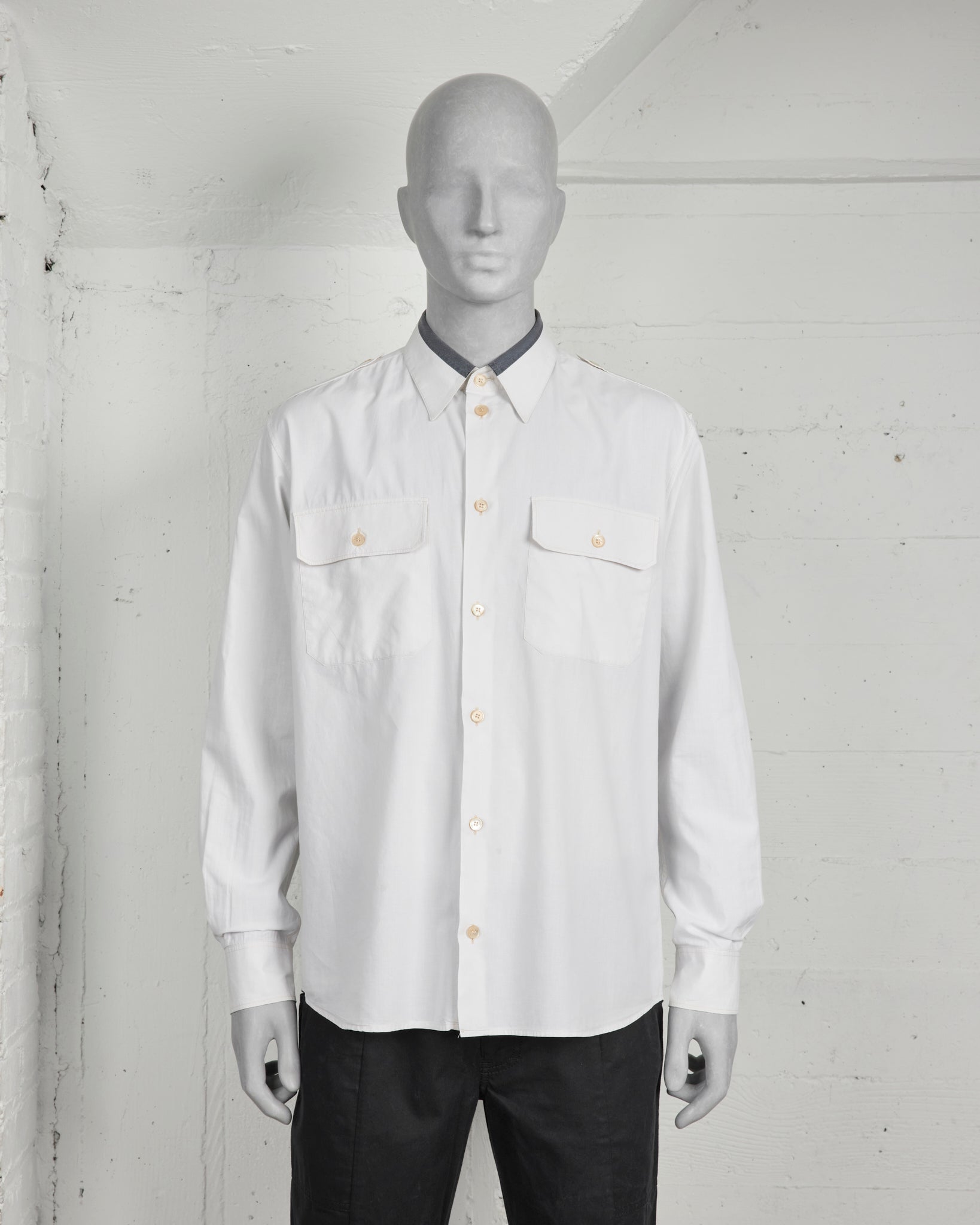 Helmut Lang White Military Shirt W/ Striped Collar - Ss96 - Silver League