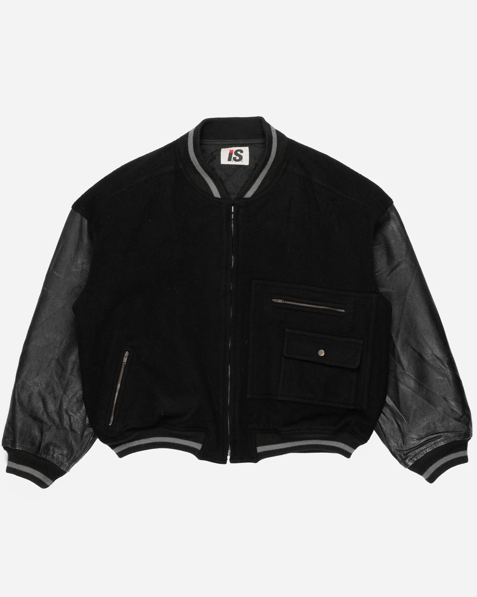 Issey Miyake Sport Black Leather Sleeve Varsity Jacket - 1980s - SILVER ...