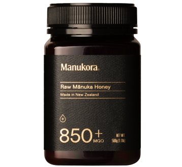 A jar of Manukora Raw Mānuka Honey with 850+ MGO.