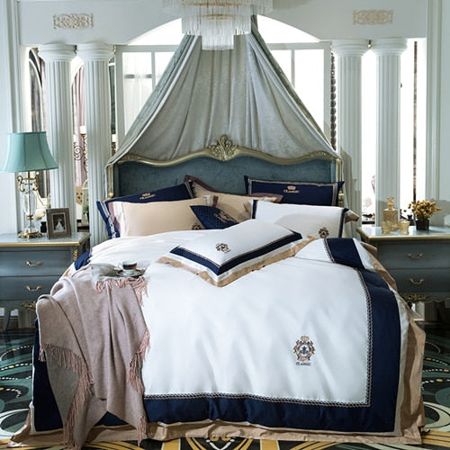 Luxury Egypt Cotton Blue Classics Bedding Set Embroidery Silky