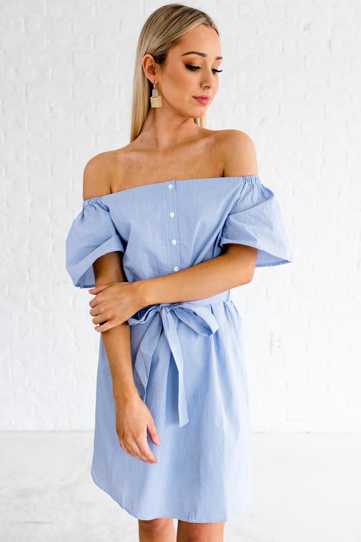 blue striped off the shoulder dress