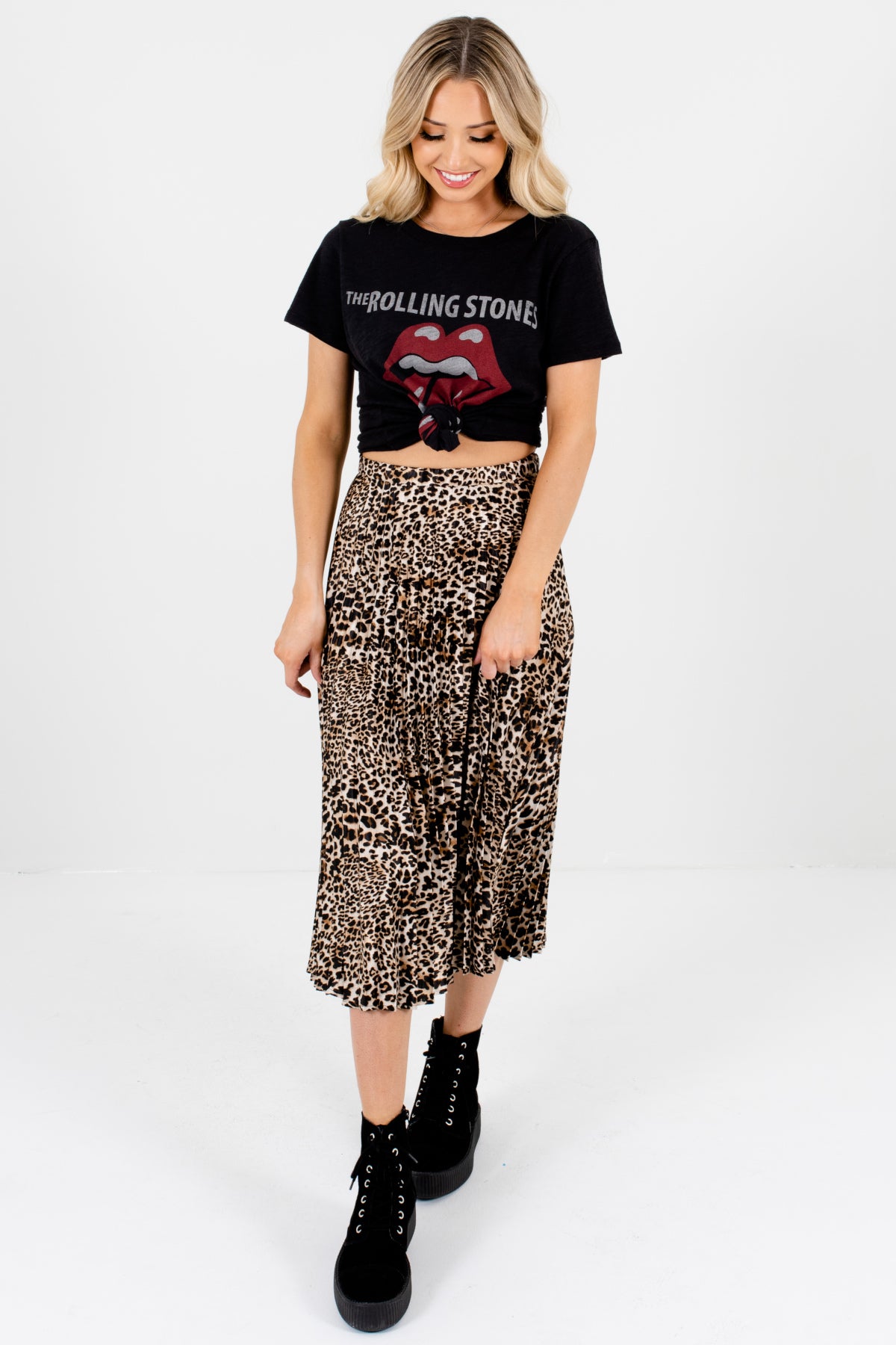 leopard print midi pleated skirt