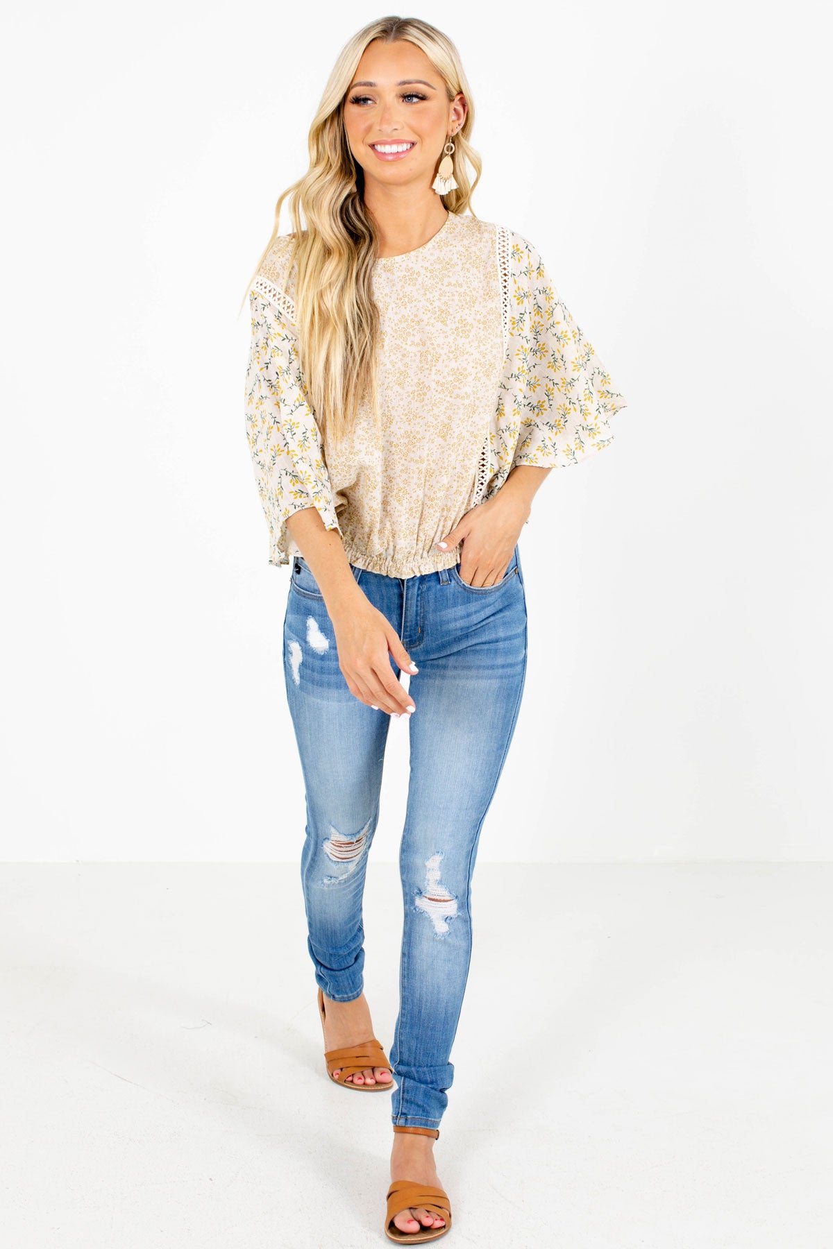 Back to Reality Beige Floral Top | Boutique Tops for Women - Bella Ella ...