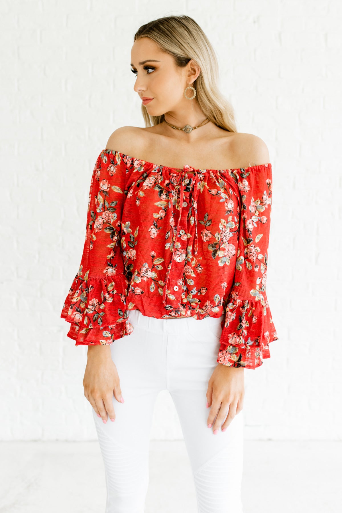 cute red off the shoulder tops