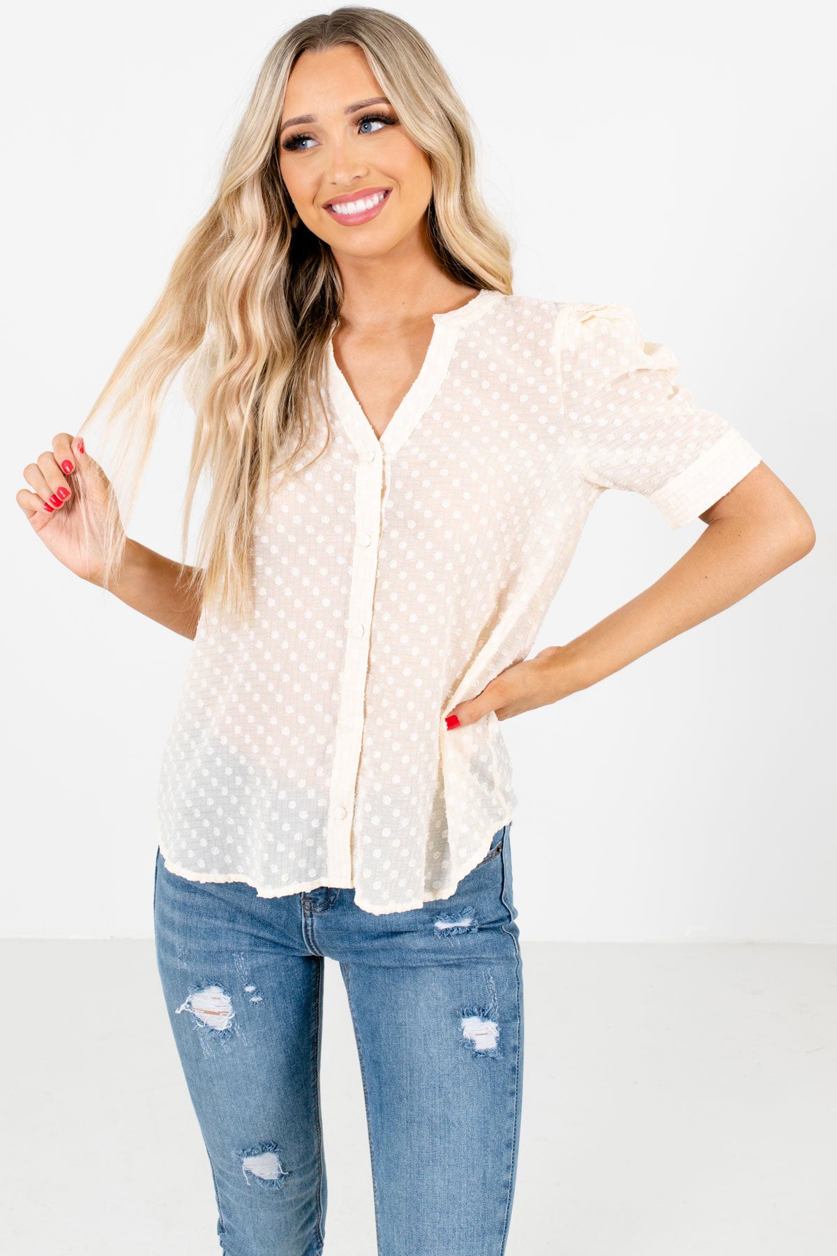 Cream Swiss Dot Blouse  Cute Comfy blouse - NeeSee's Dresses