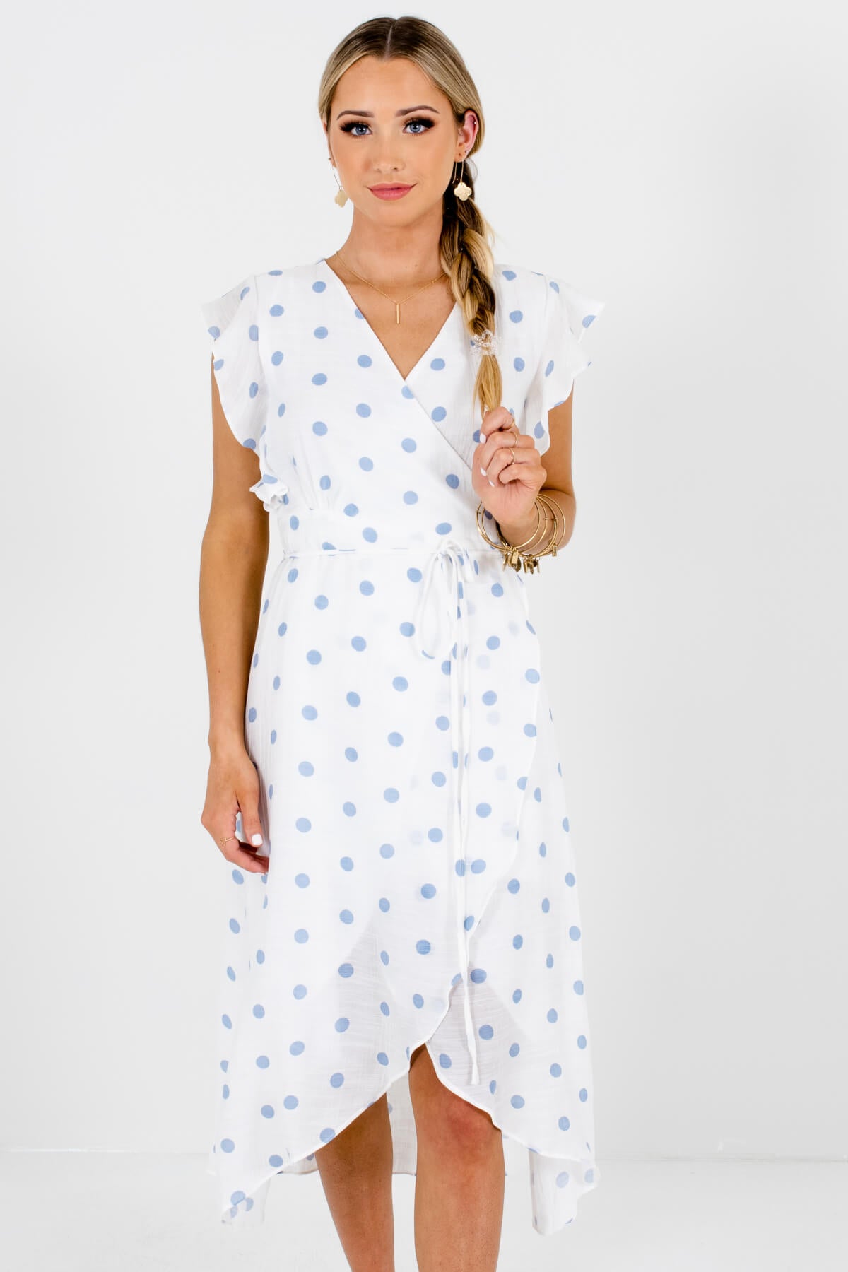 light blue polka dot wrap dress