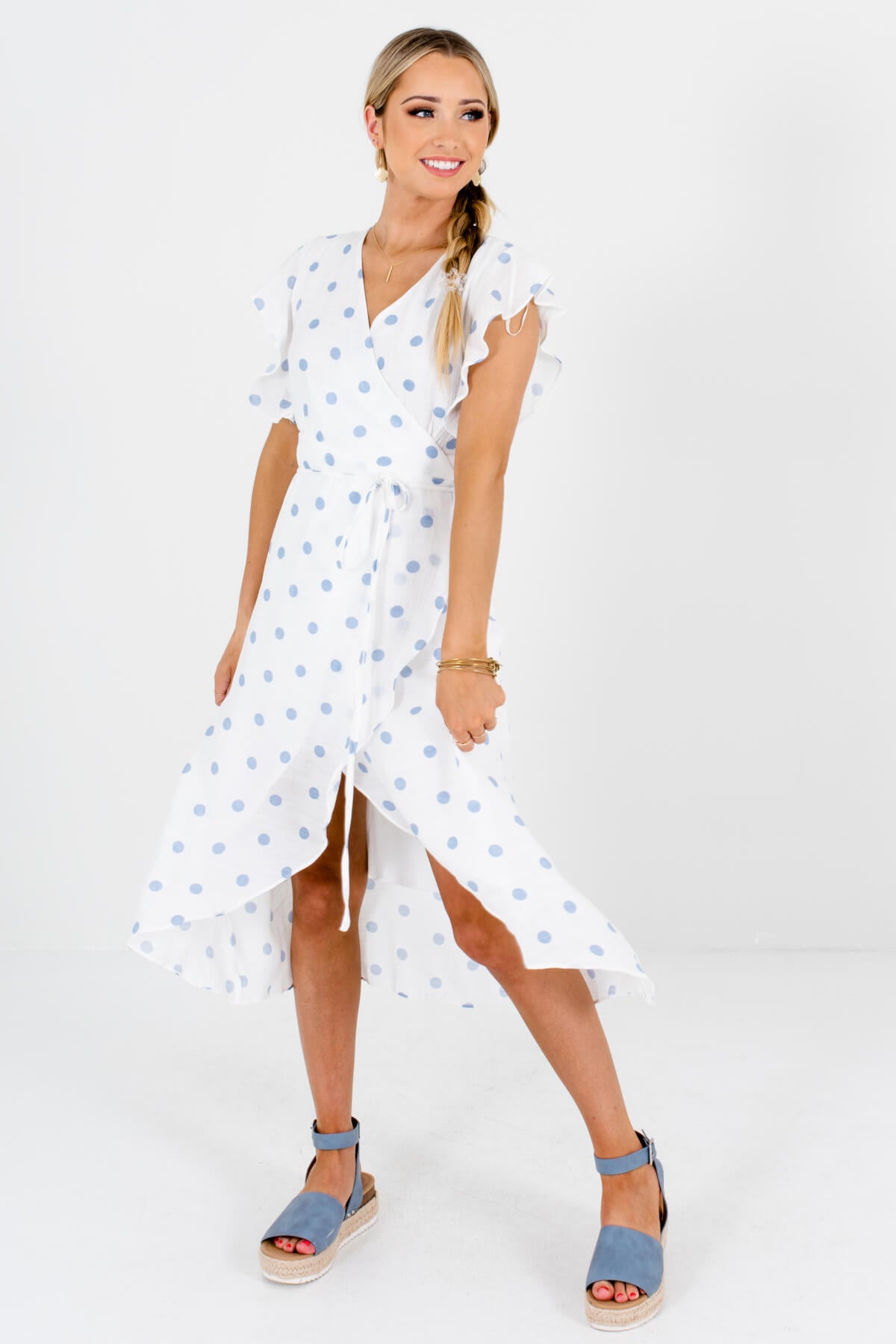 light blue polka dot wrap dress