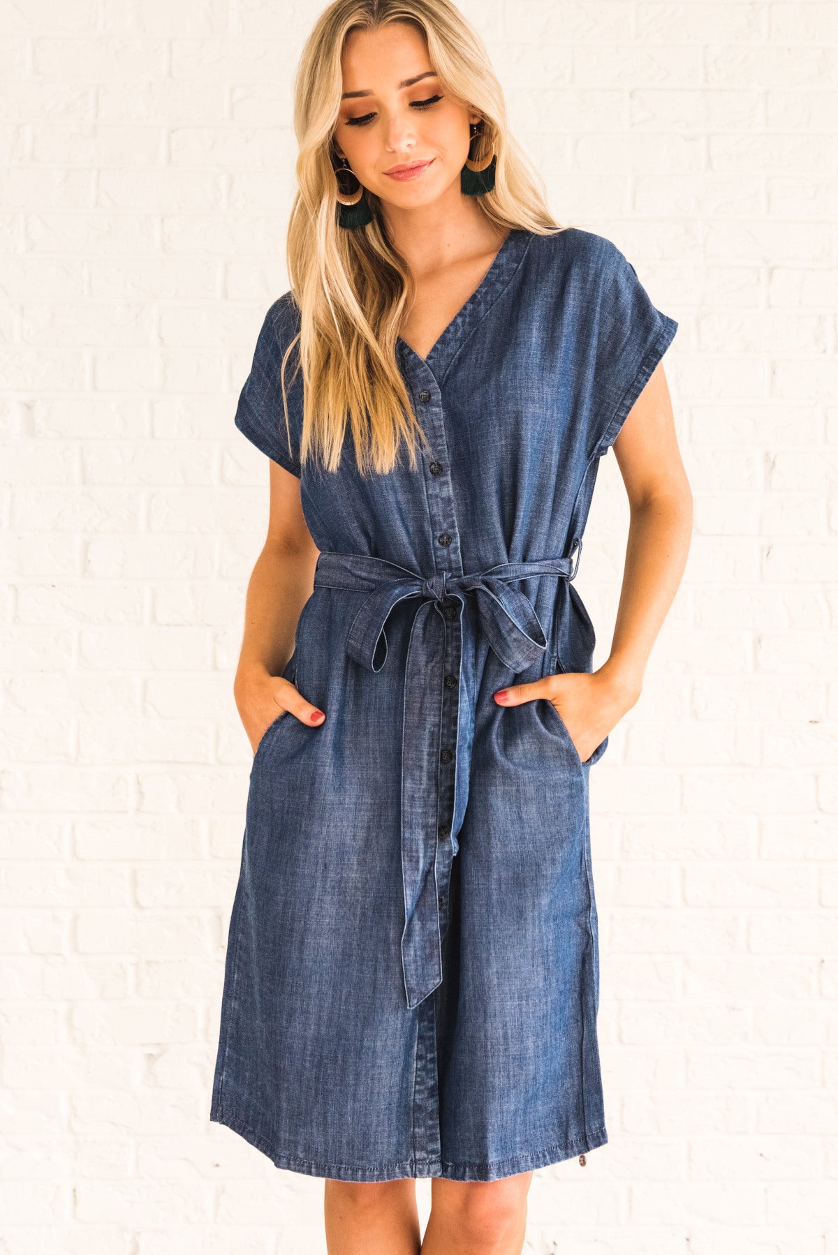 Denim Days Blue Button Up Knee Length Dress Boutique Dress