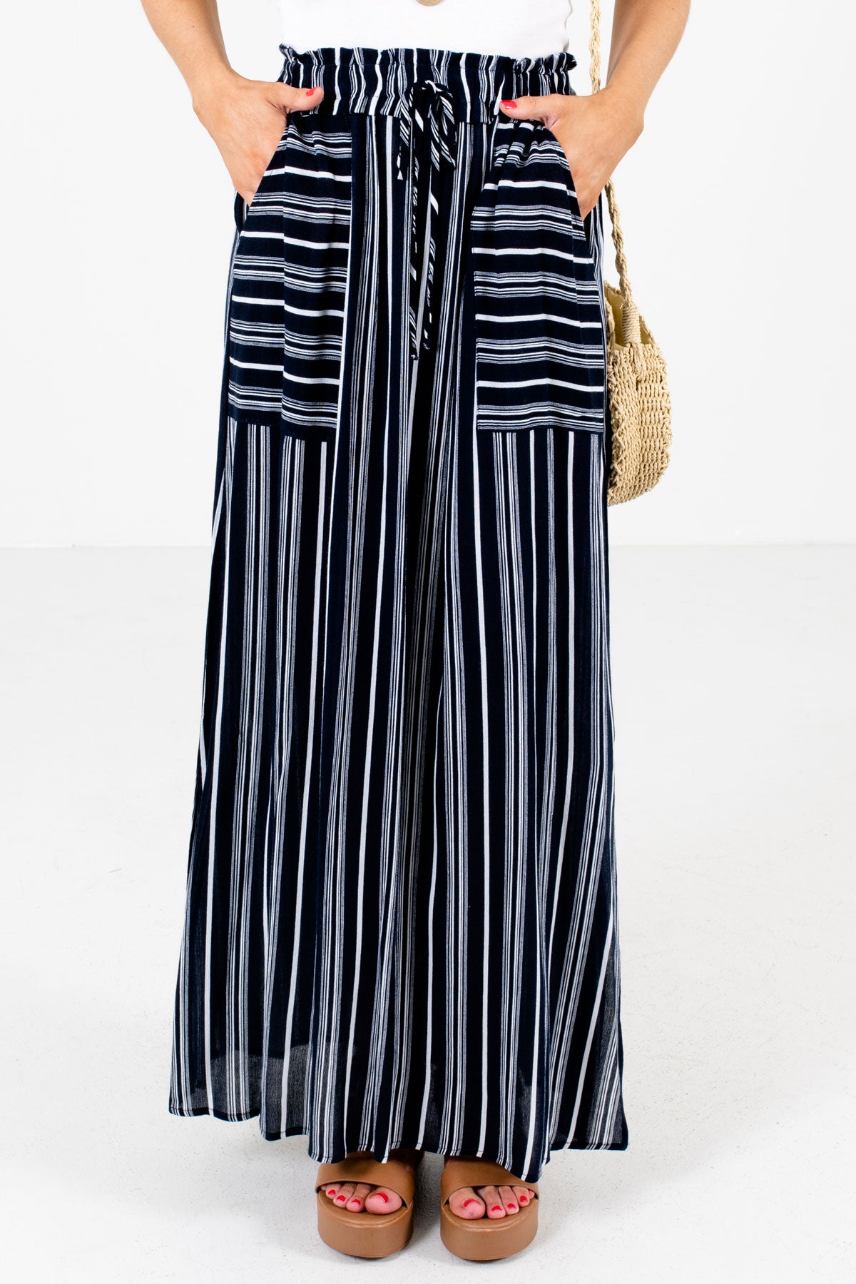 blue and white striped maxi skirt