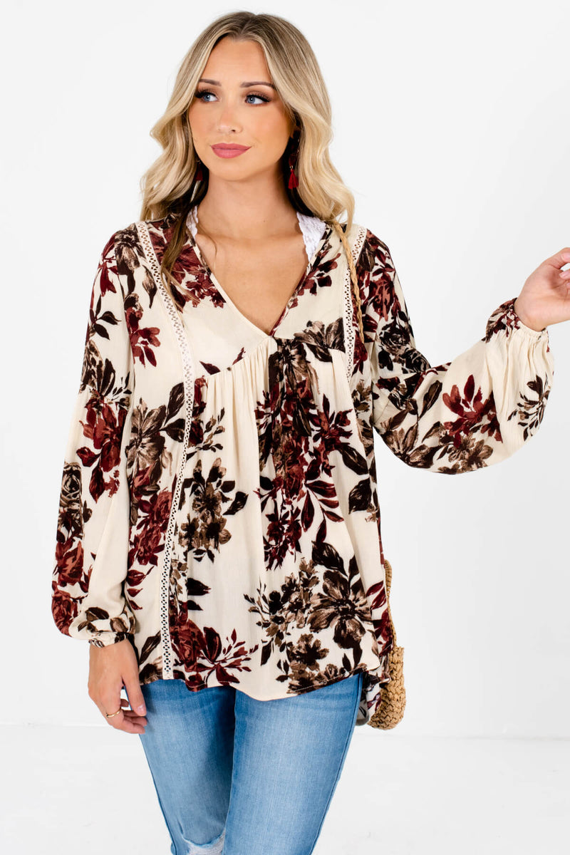 Free Falling Cream Floral Blouse | Lace Peasant Tops for Fall - Bella ...