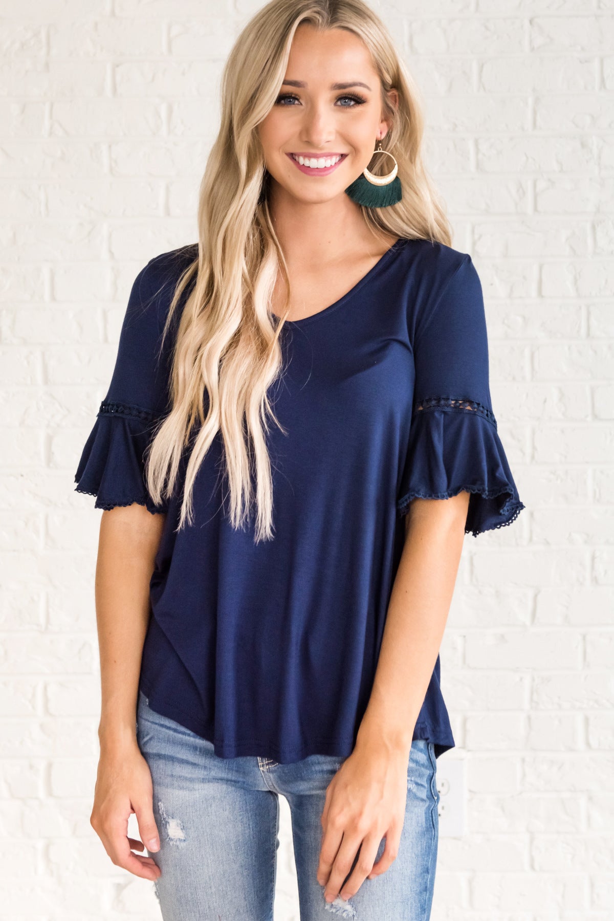 Just For Kicks Navy Ruffle Sleeve Top 