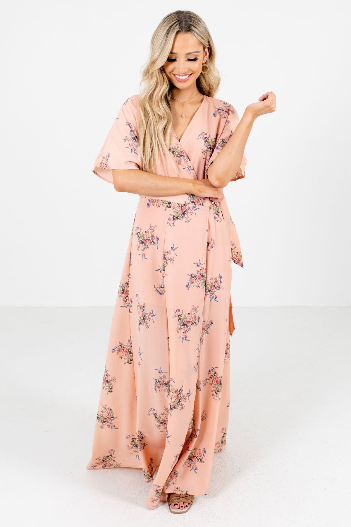 peach maxi dress with sleeves