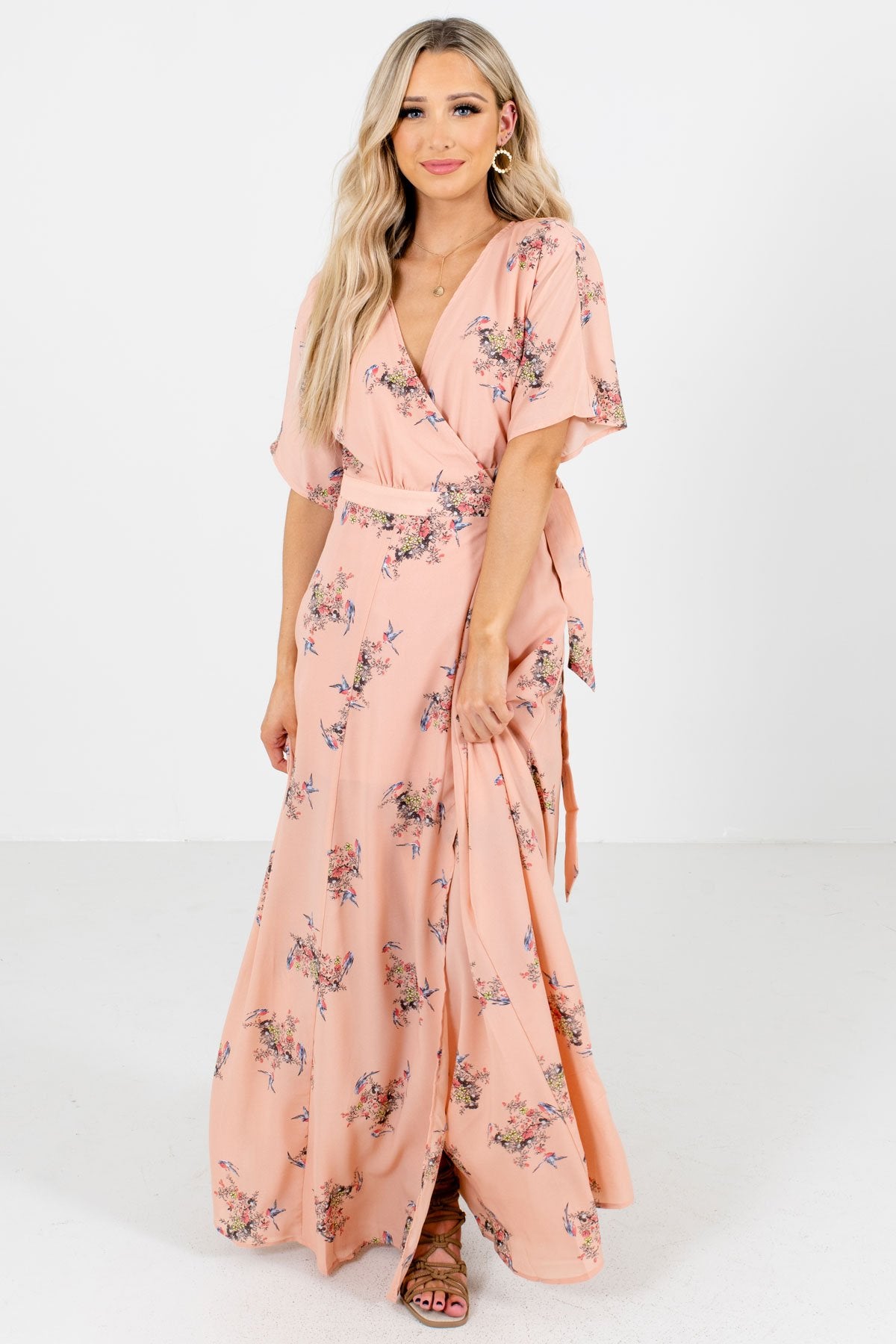 peach maxi dress with sleeves