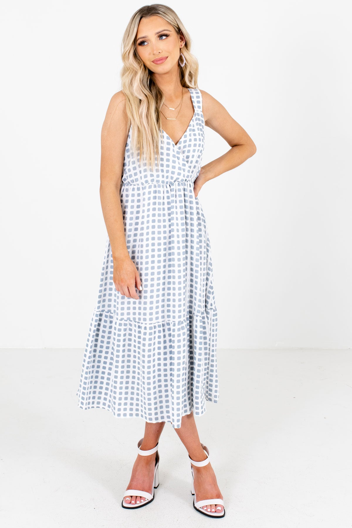 white dress with blue pattern