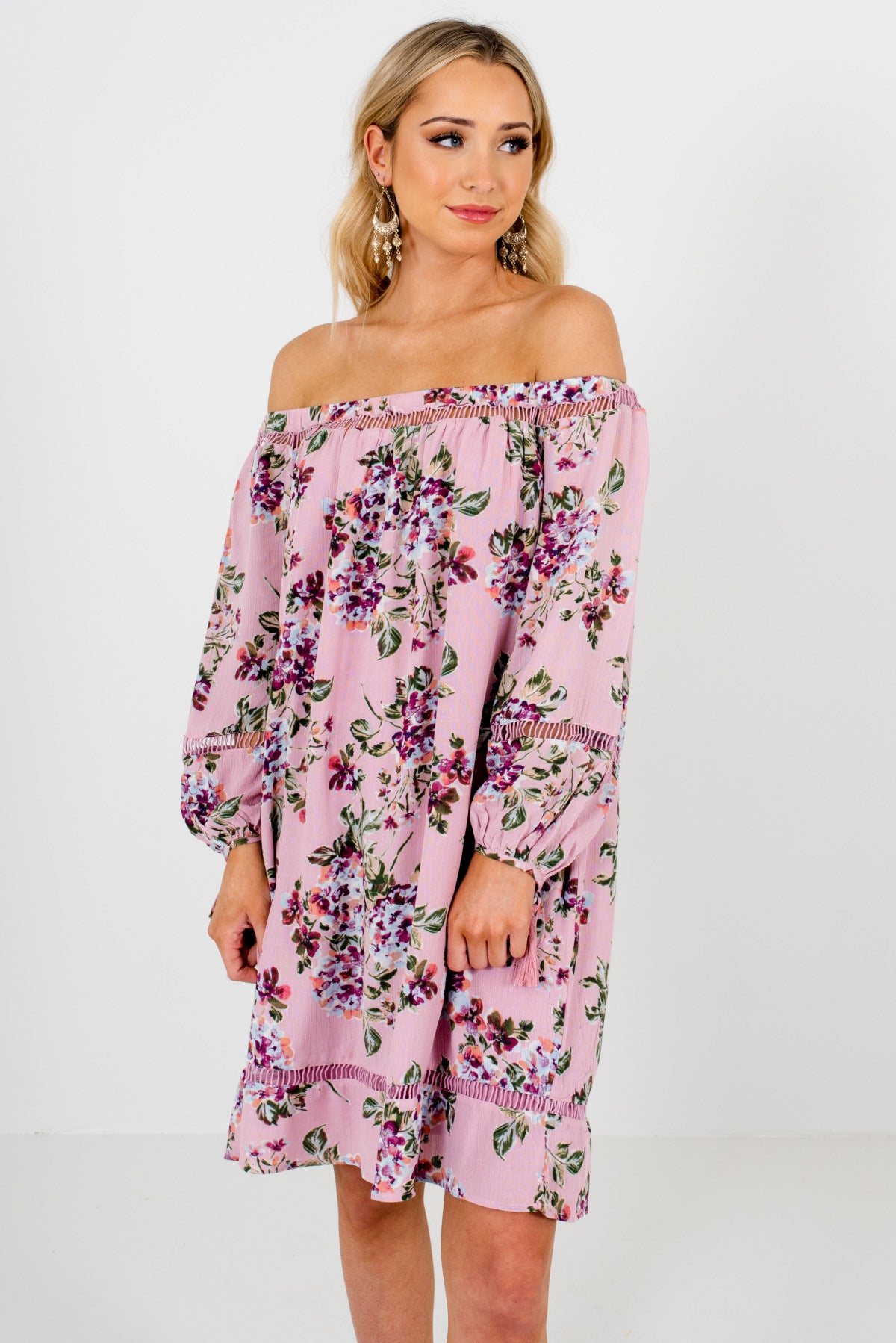 pink floral off shoulder dress