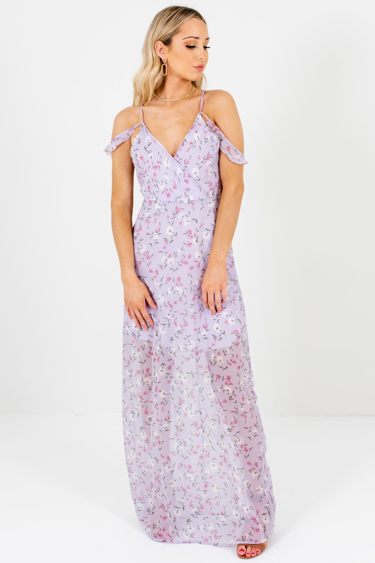 purple cold shoulder maxi dress