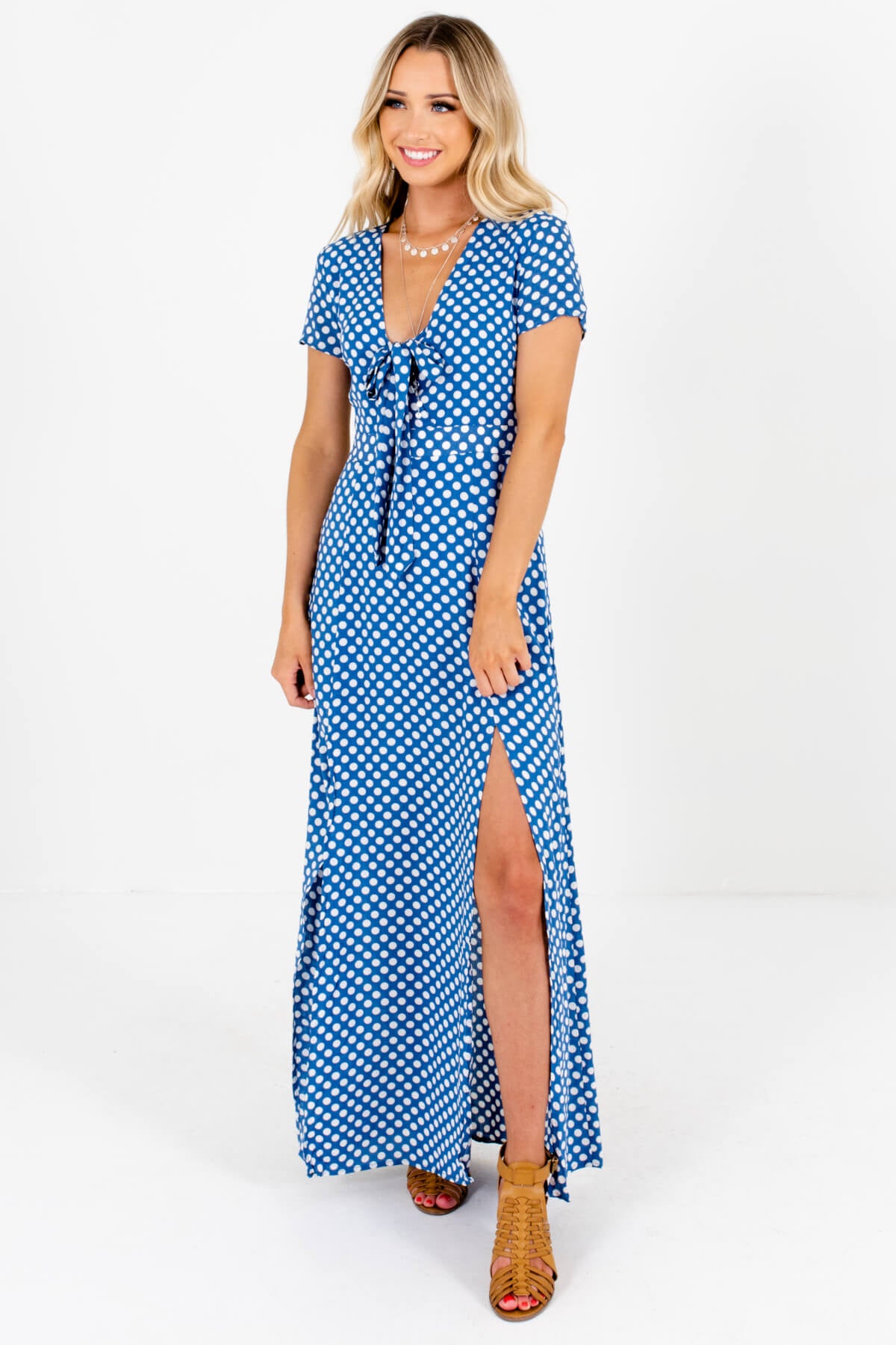 blue and white polka dot maxi dress