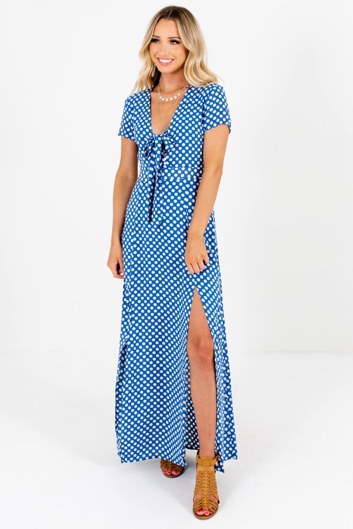 long blue polka dot dress