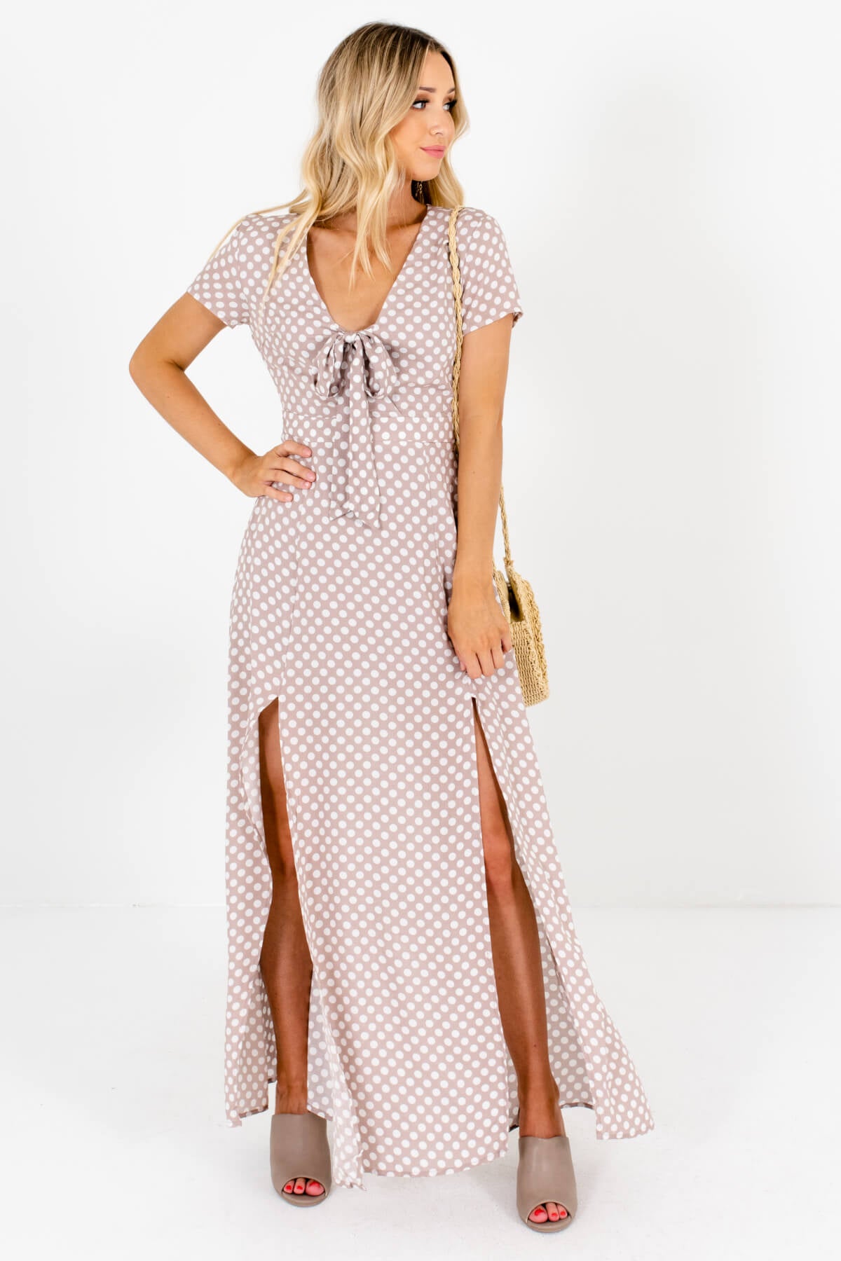 taupe and white polka dot dress