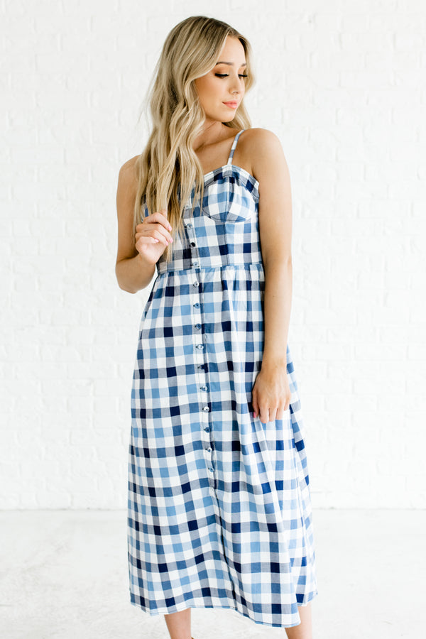 blue gingham midi dress