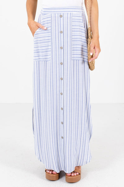 blue and white striped maxi skirt