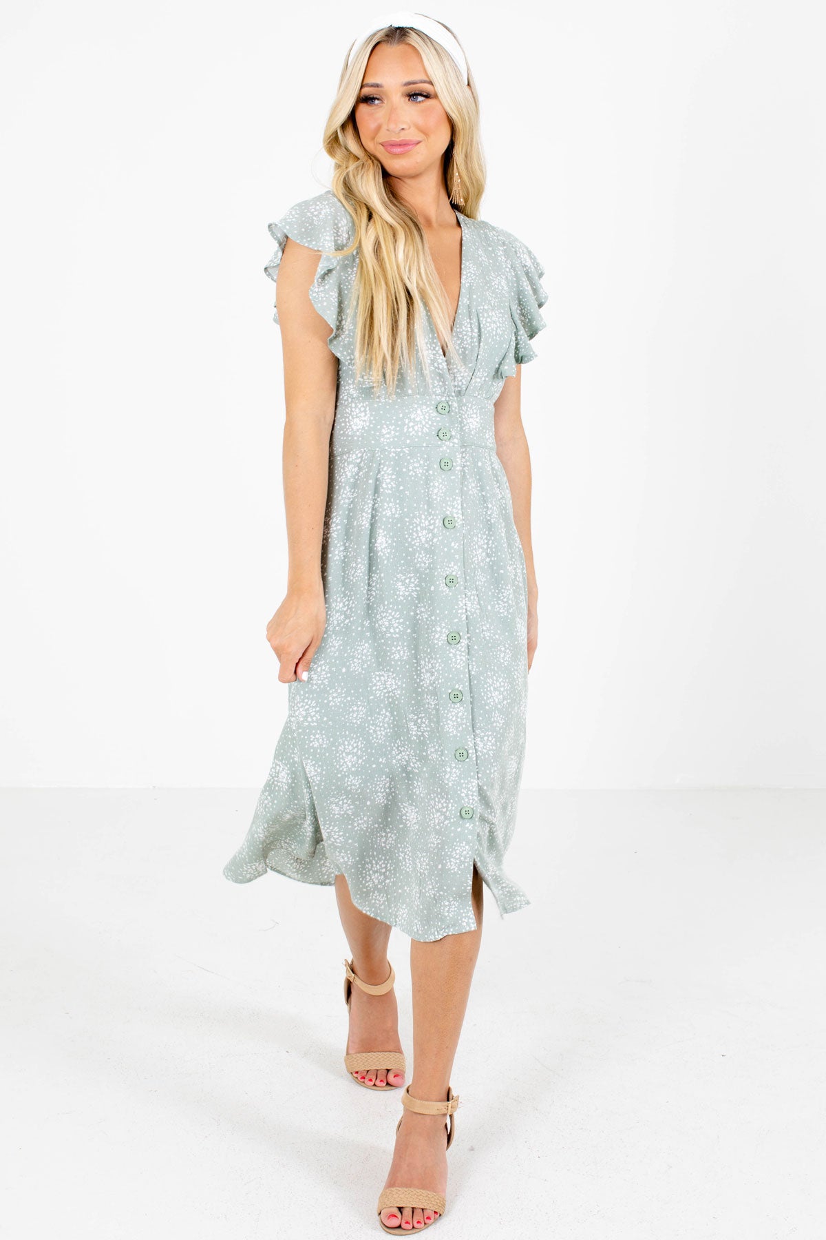 Pretty Little Things Sage Patterned Midi Dress | Boutique Dress