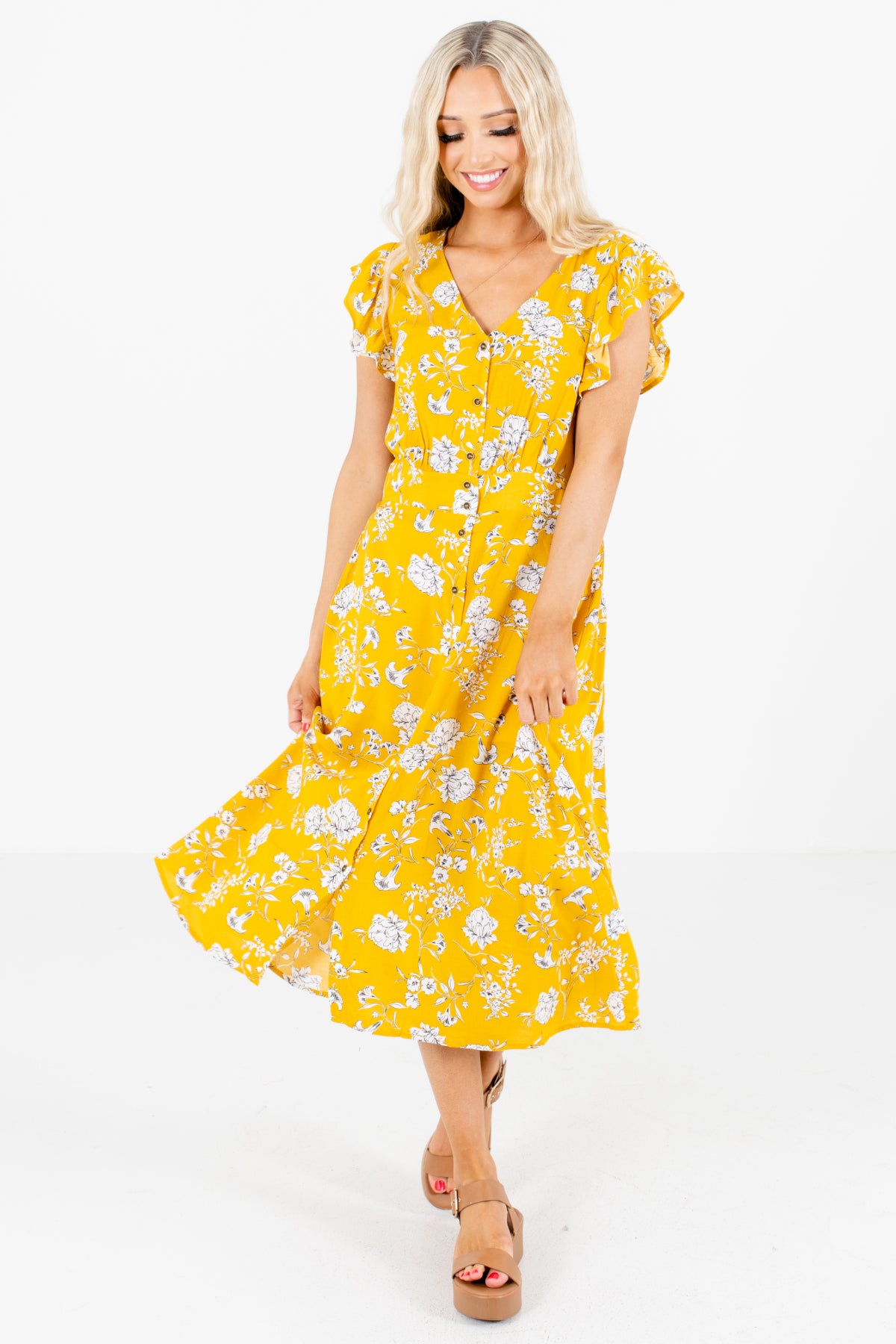 Zahrada Yellow Floral Midi Shirt Dress