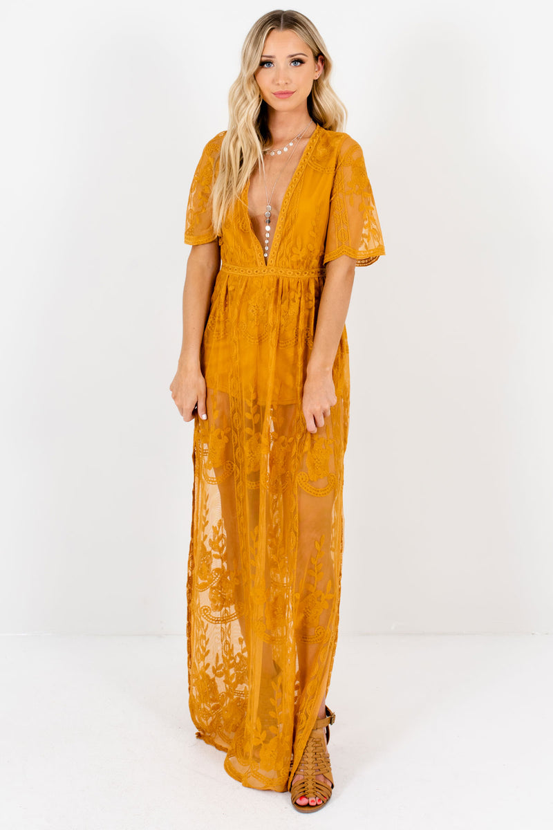 Secret Flame Mustard Lace Maxi Romper Dress | Boutique Dress - Bella ...