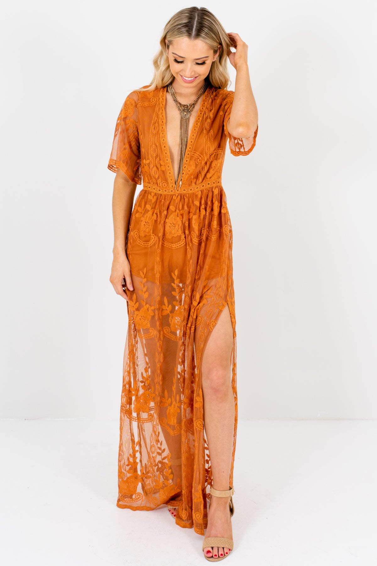 burnt orange lace maxi dress