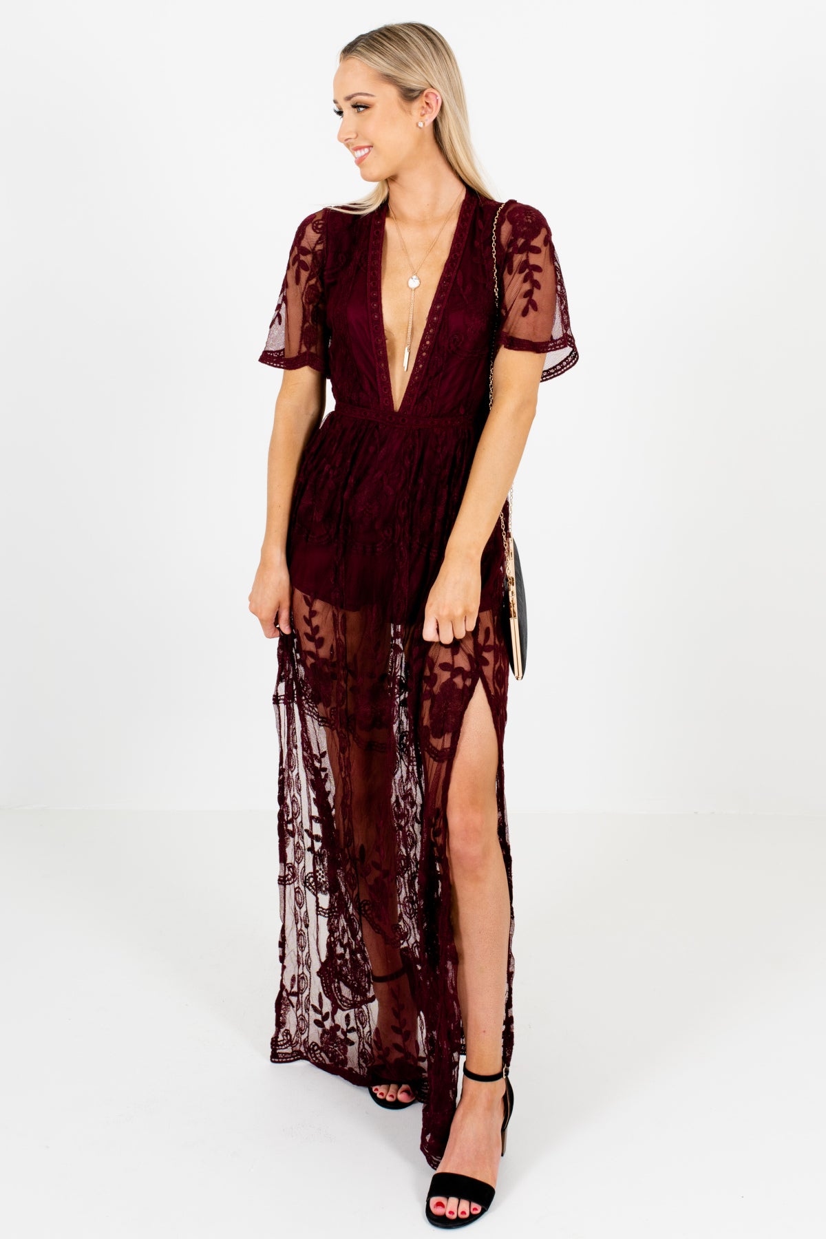 wine lace maxi dress