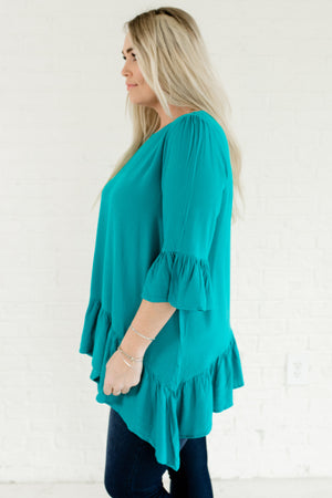 Teal Blue Green Plus Size Tunic Tops with Asymmetrical Ruffle Hem