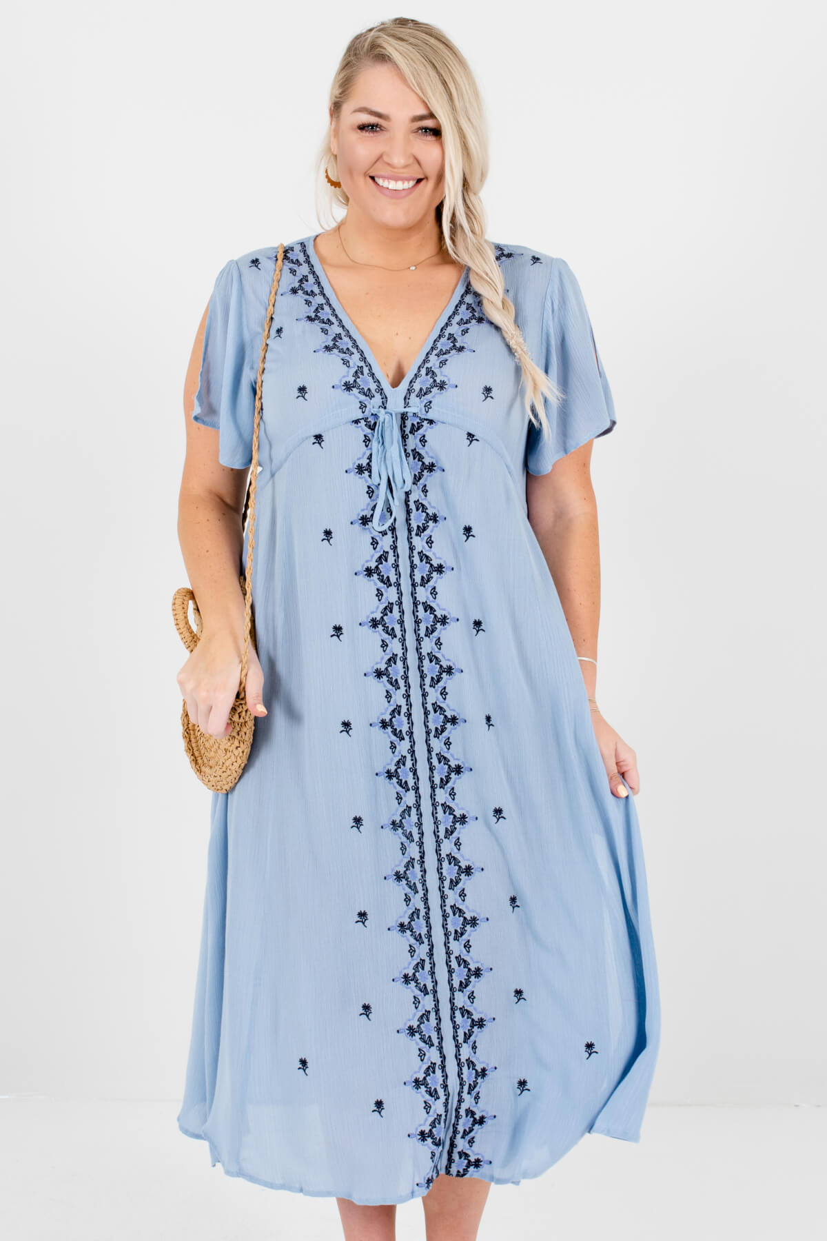 blue embroidered midi dress