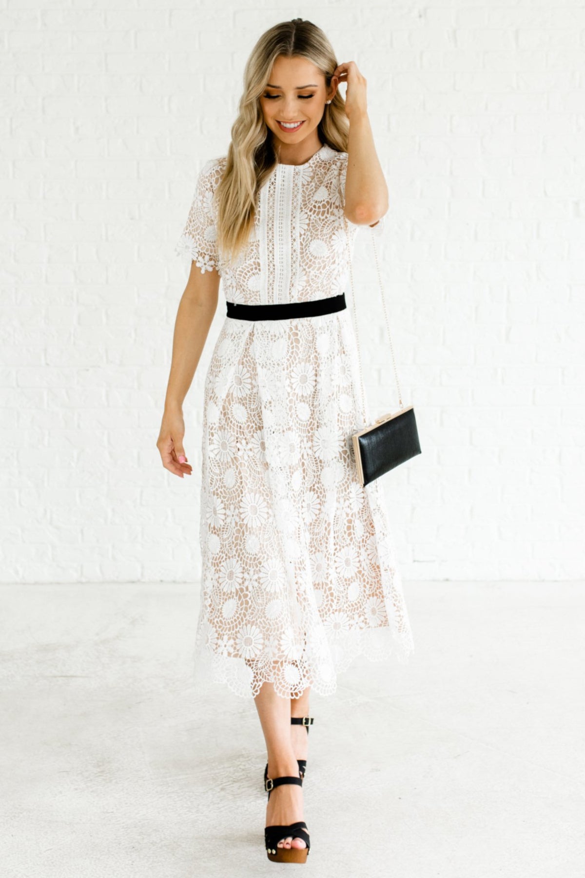 black and white lace midi dress