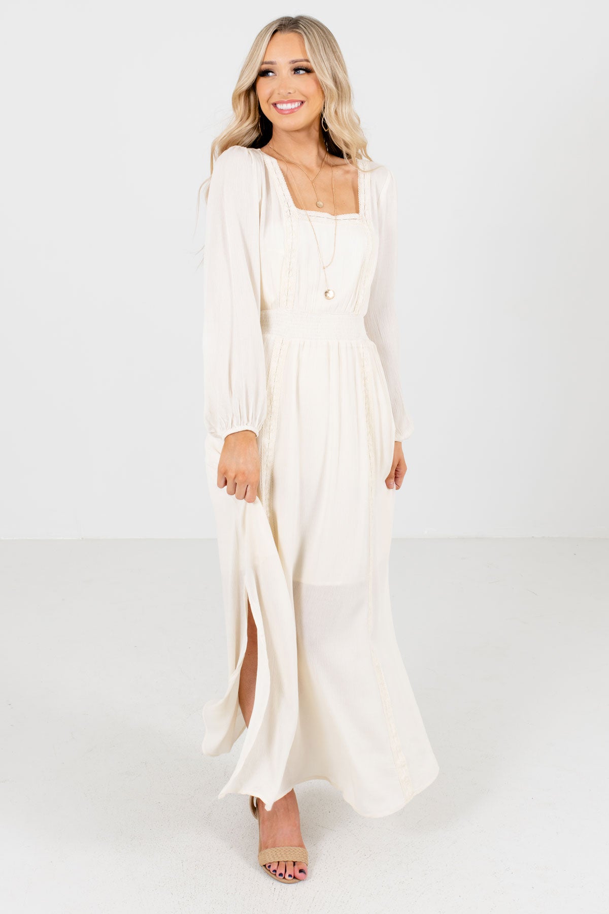 long sleeve cream maxi dress