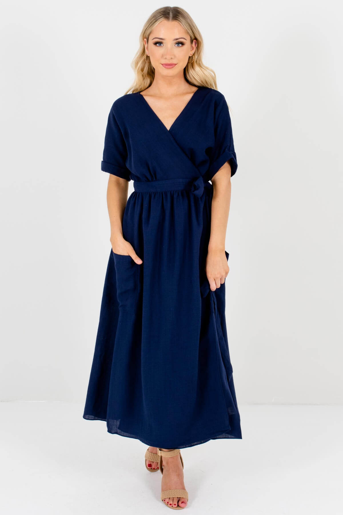 navy blue wrap dress long