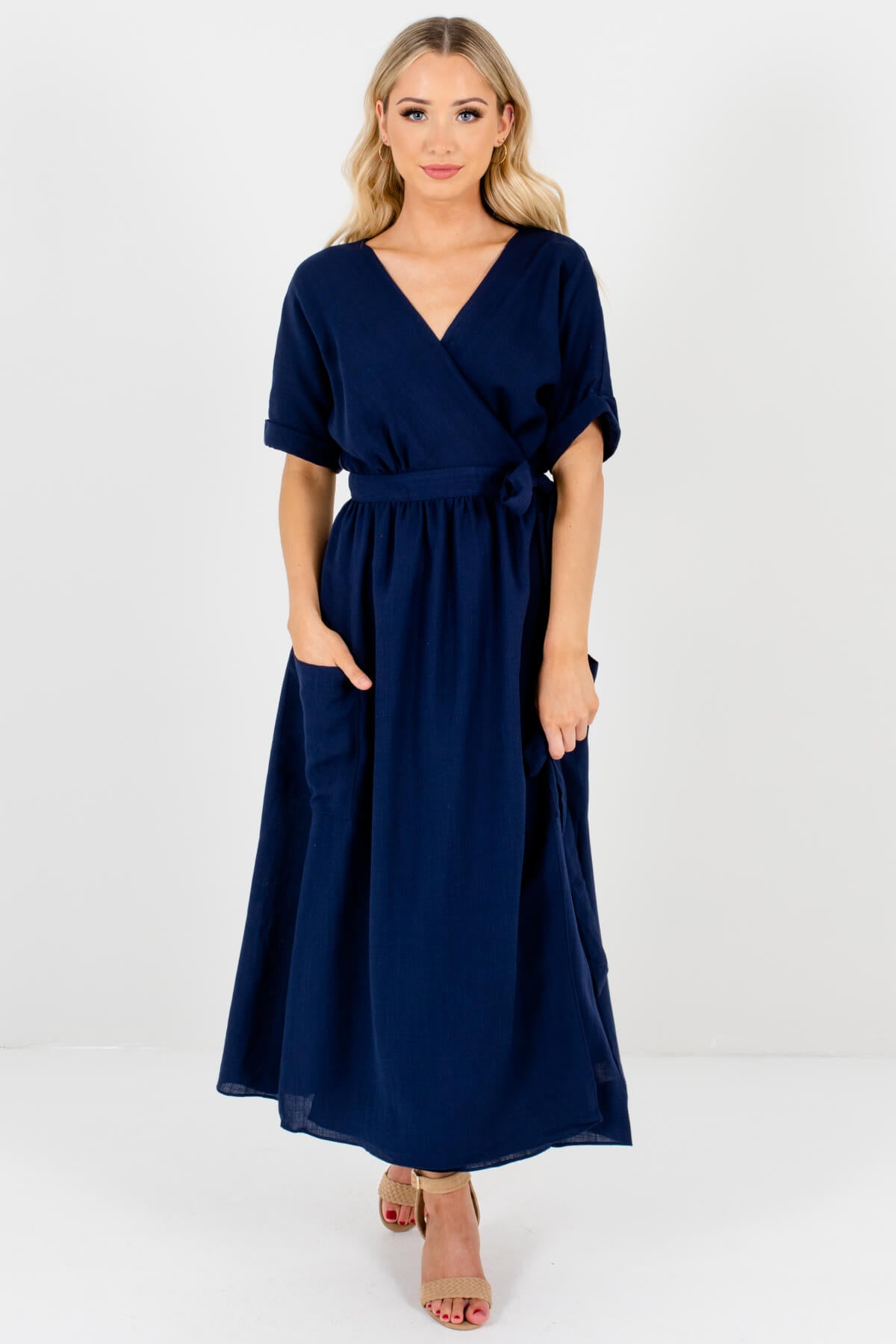 blue wrap dress with sleeves