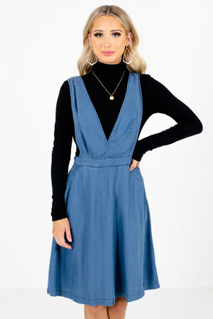 Blue Pinafore Style Boutique Knee-Length Dresses for Women