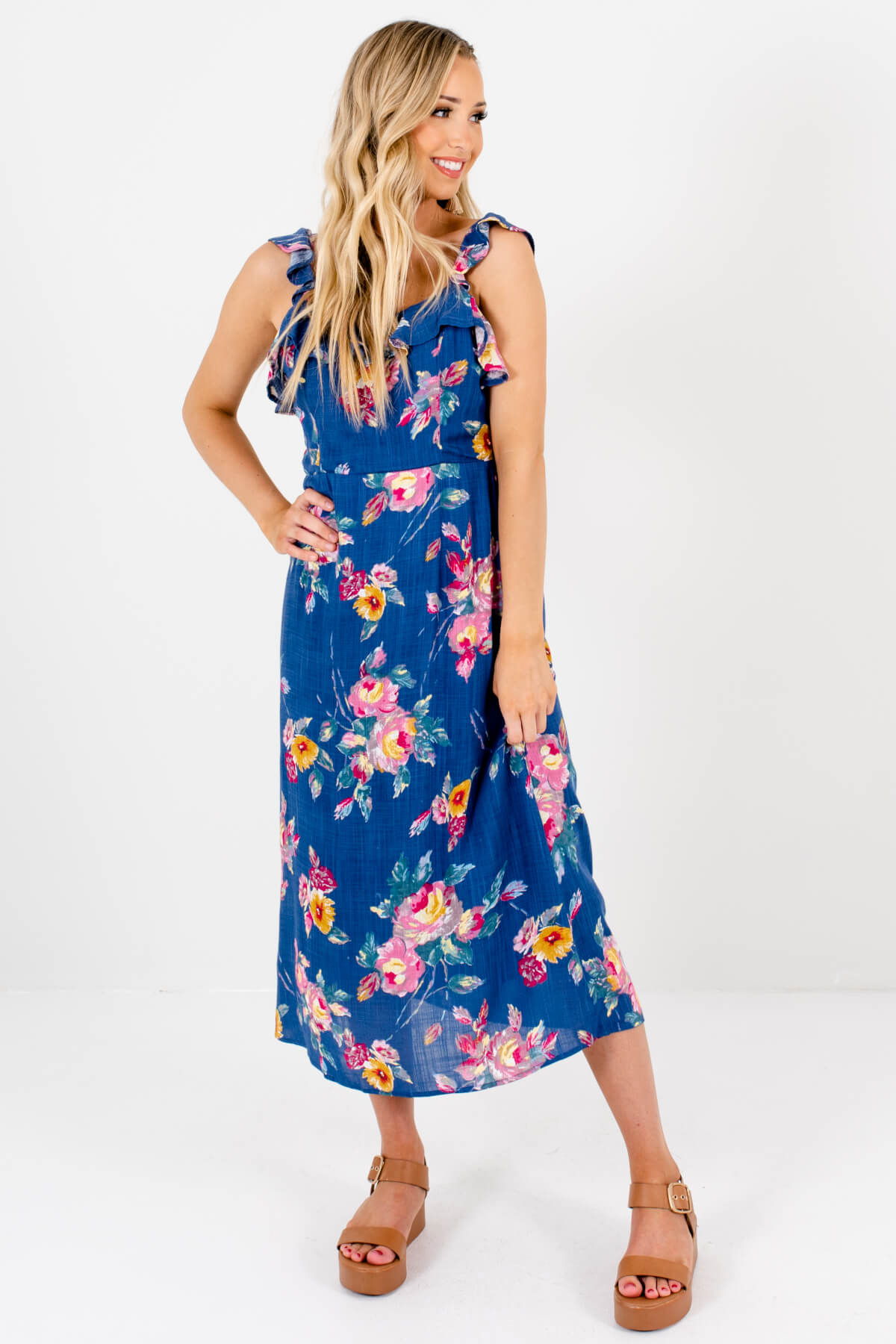 blue floral midi dress with sleeves