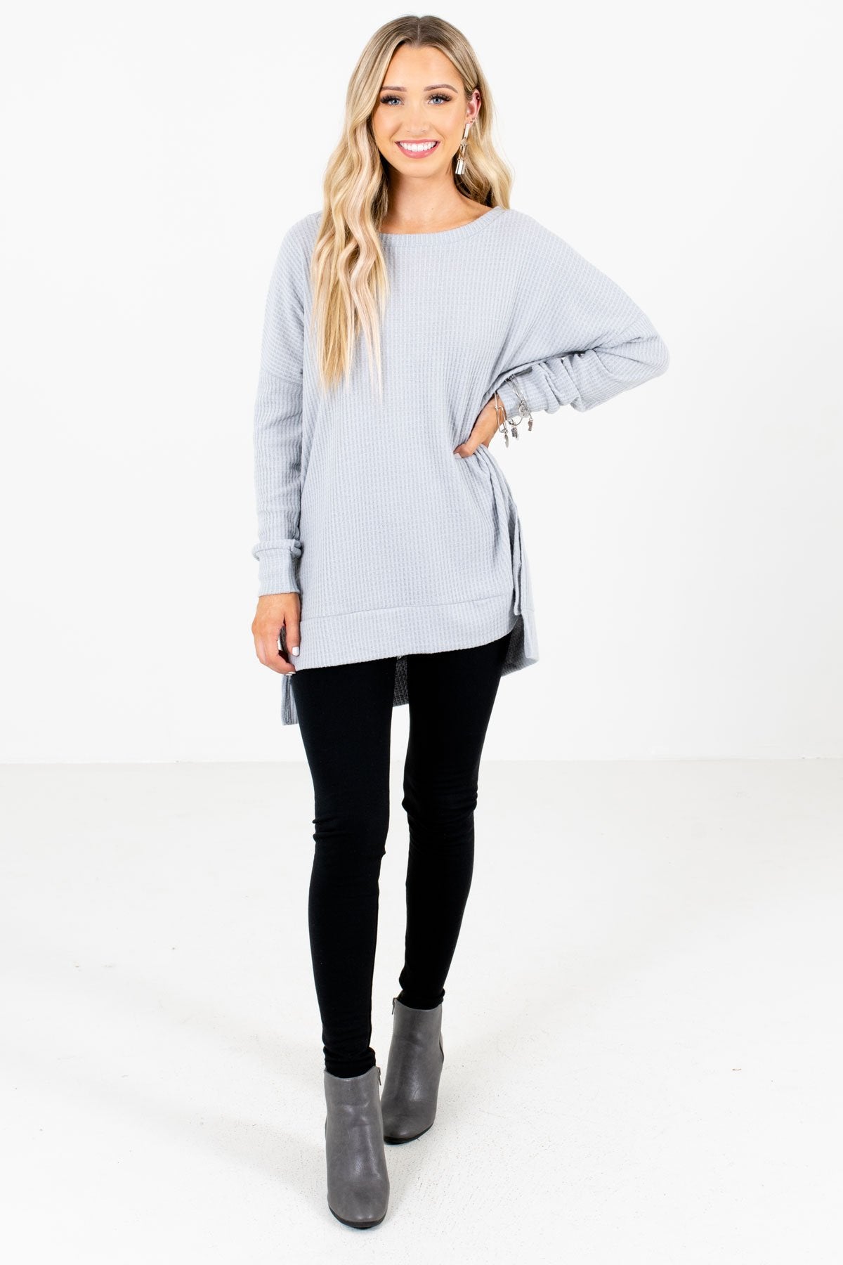 Thinking About You Light Gray Waffle Knit Top | Cozy Tops - Bella Ella ...