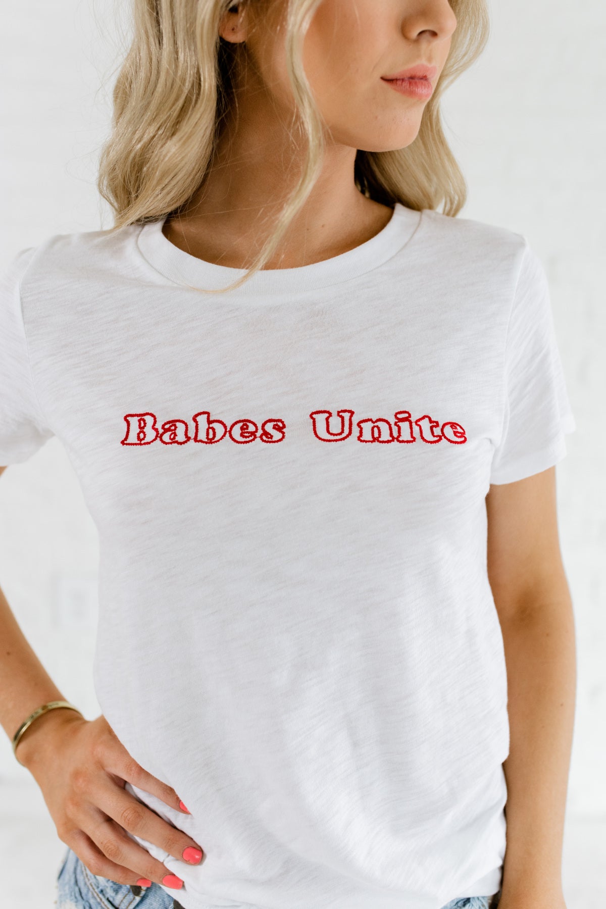red and white graphic tee womens