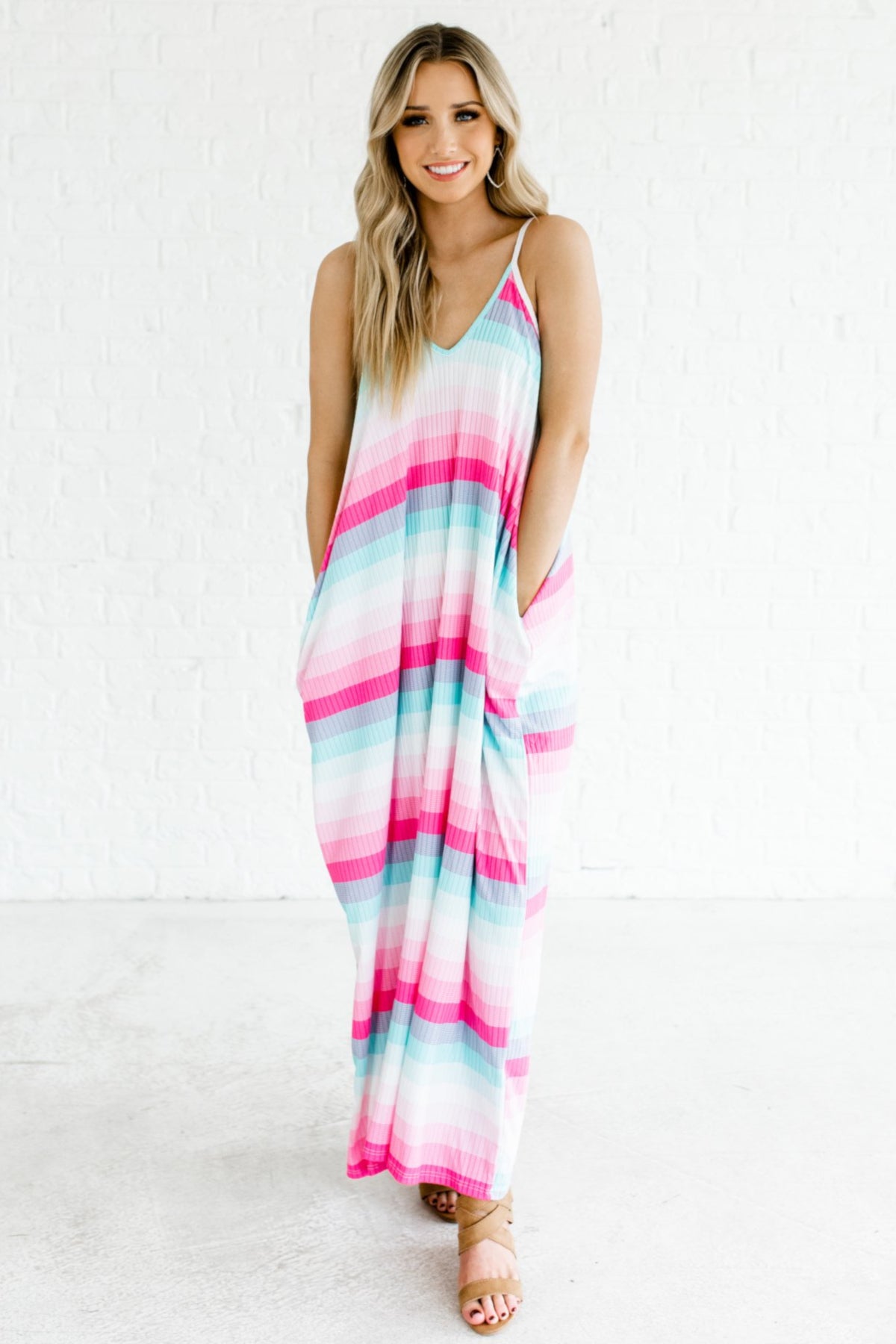 pink and white striped maxi dress