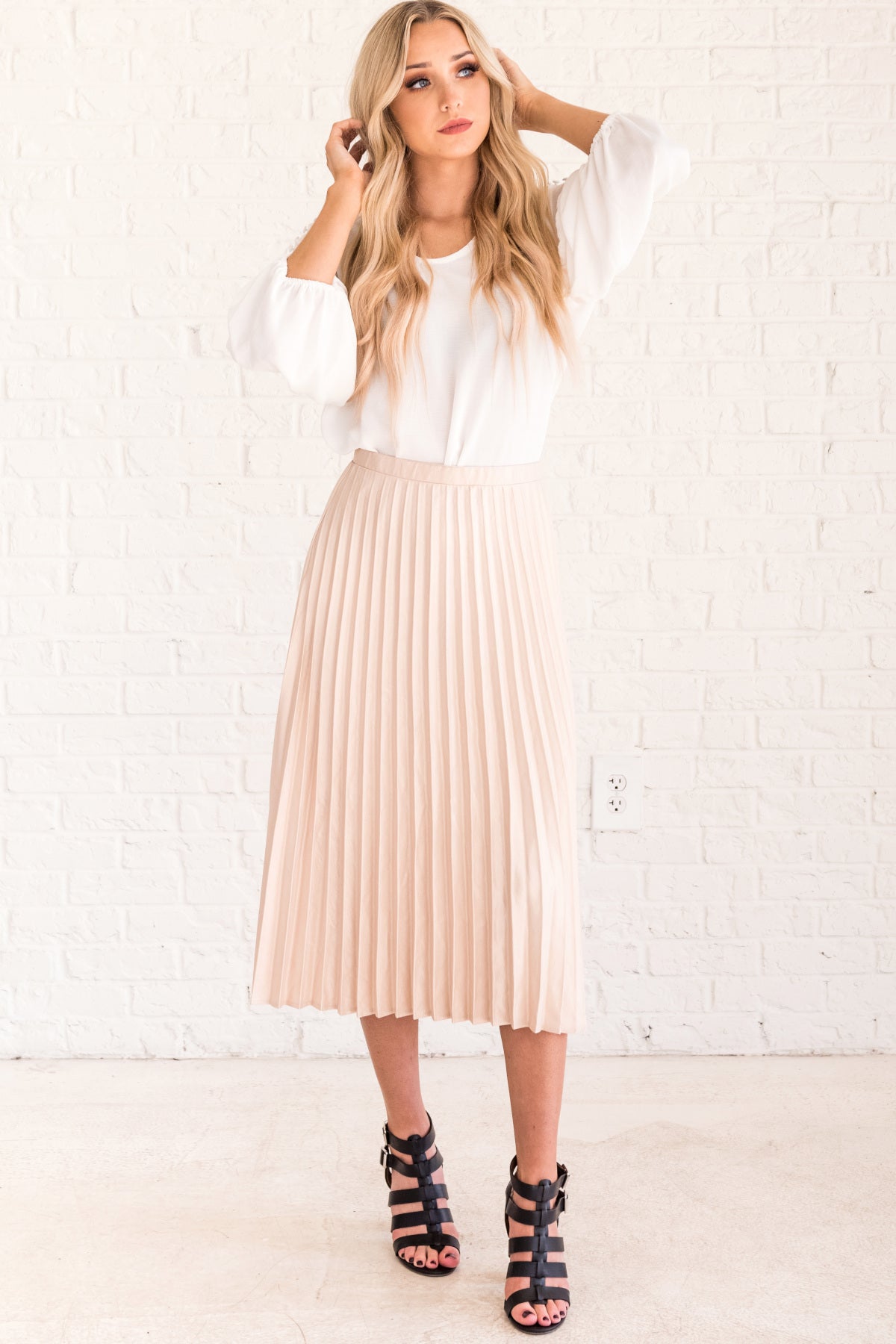 cream pleated midi dress