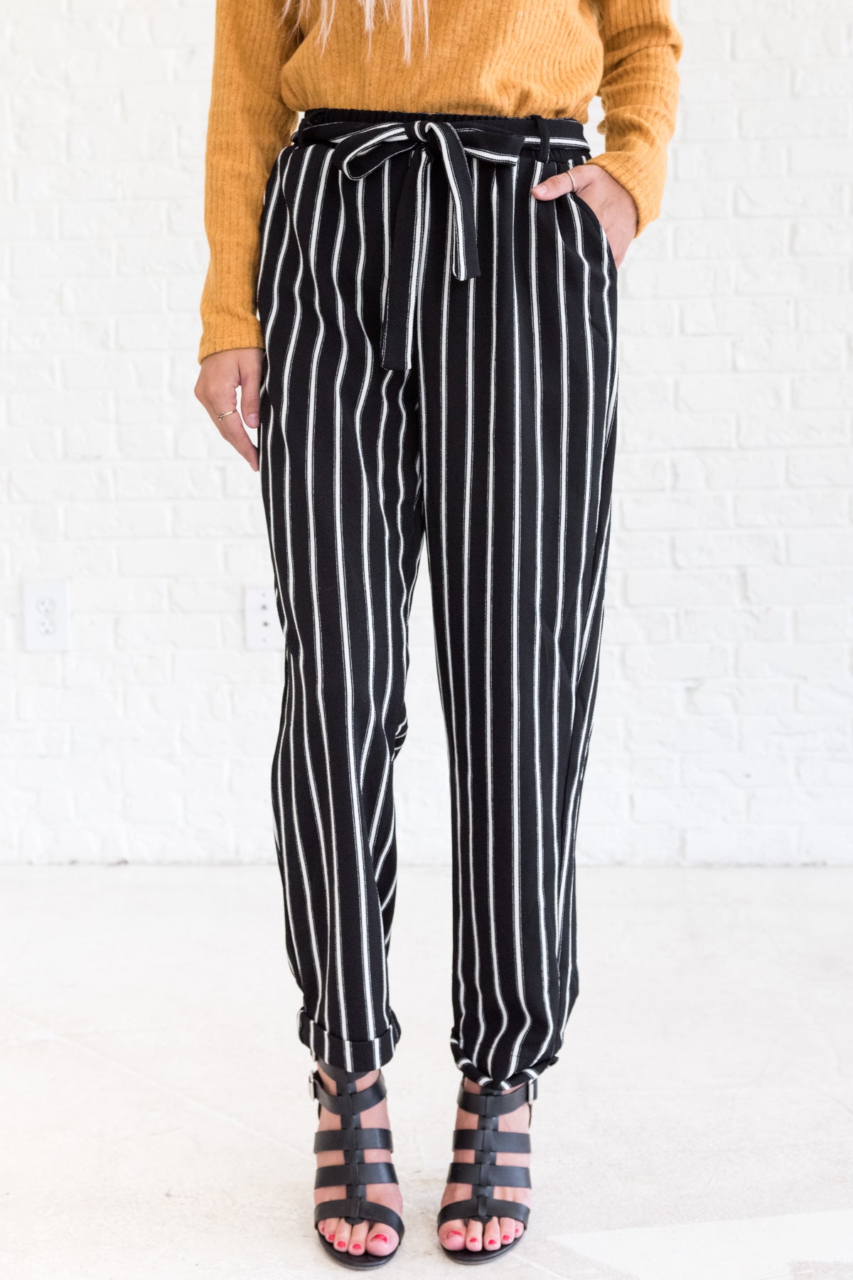 white and black striped palazzo pants