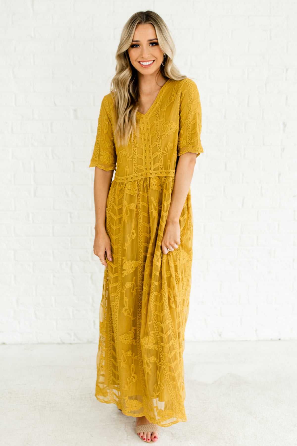 long yellow lace dress