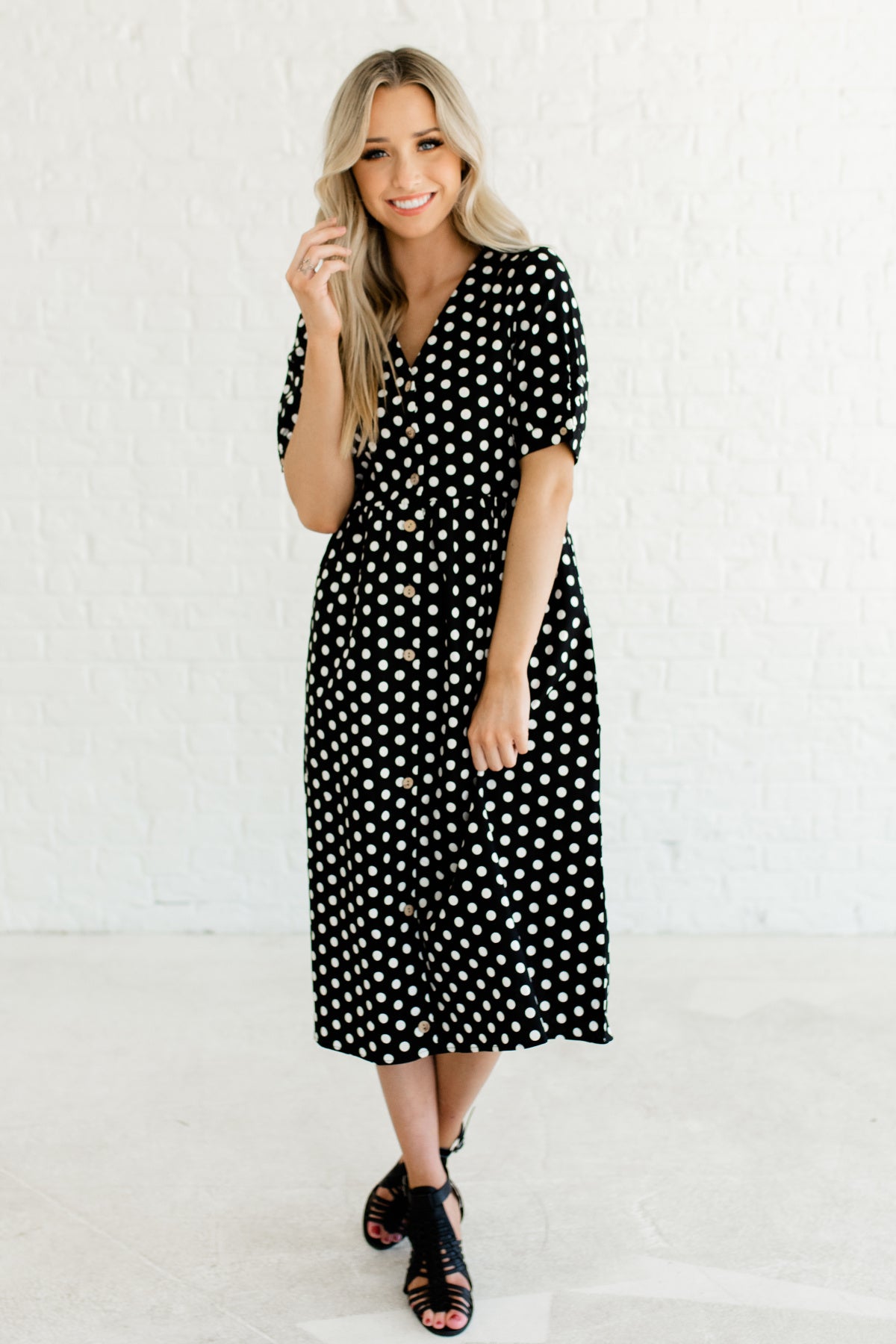 black and white polka dot midi dress