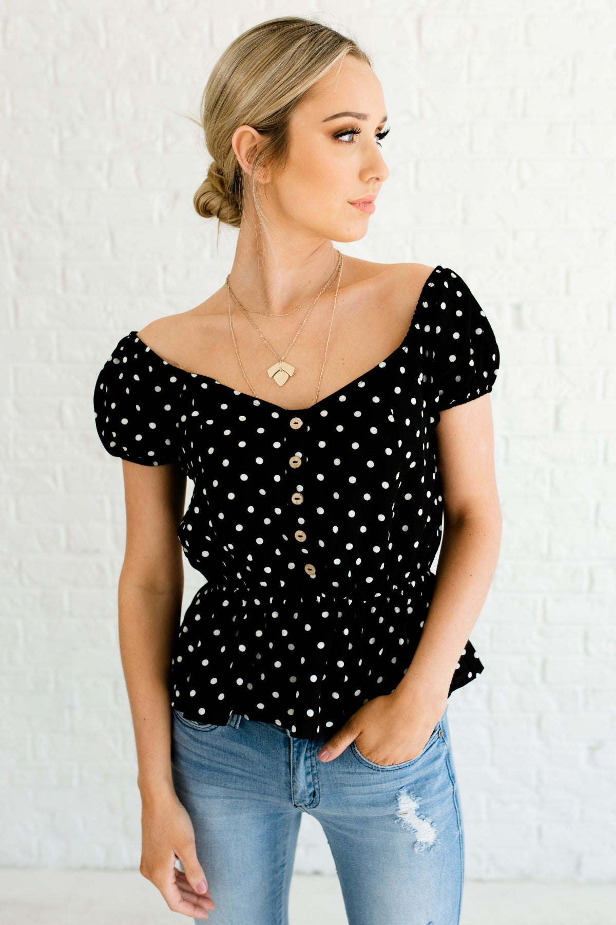 polka dot black and white top